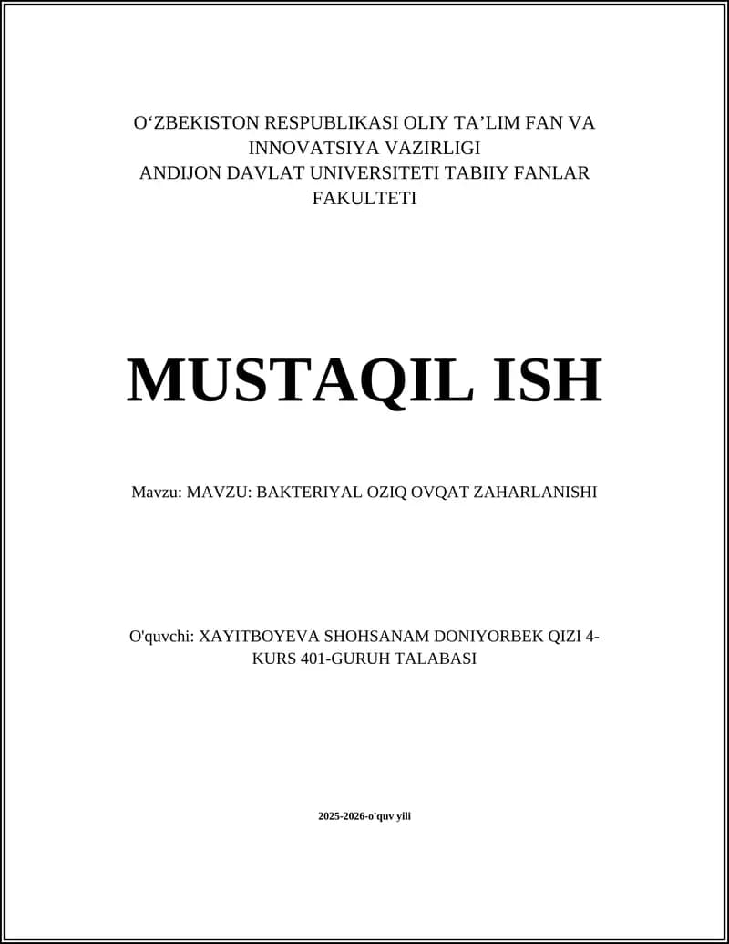 BAKTERIYAL OZIQ OVQAT ZAHARLANISHI