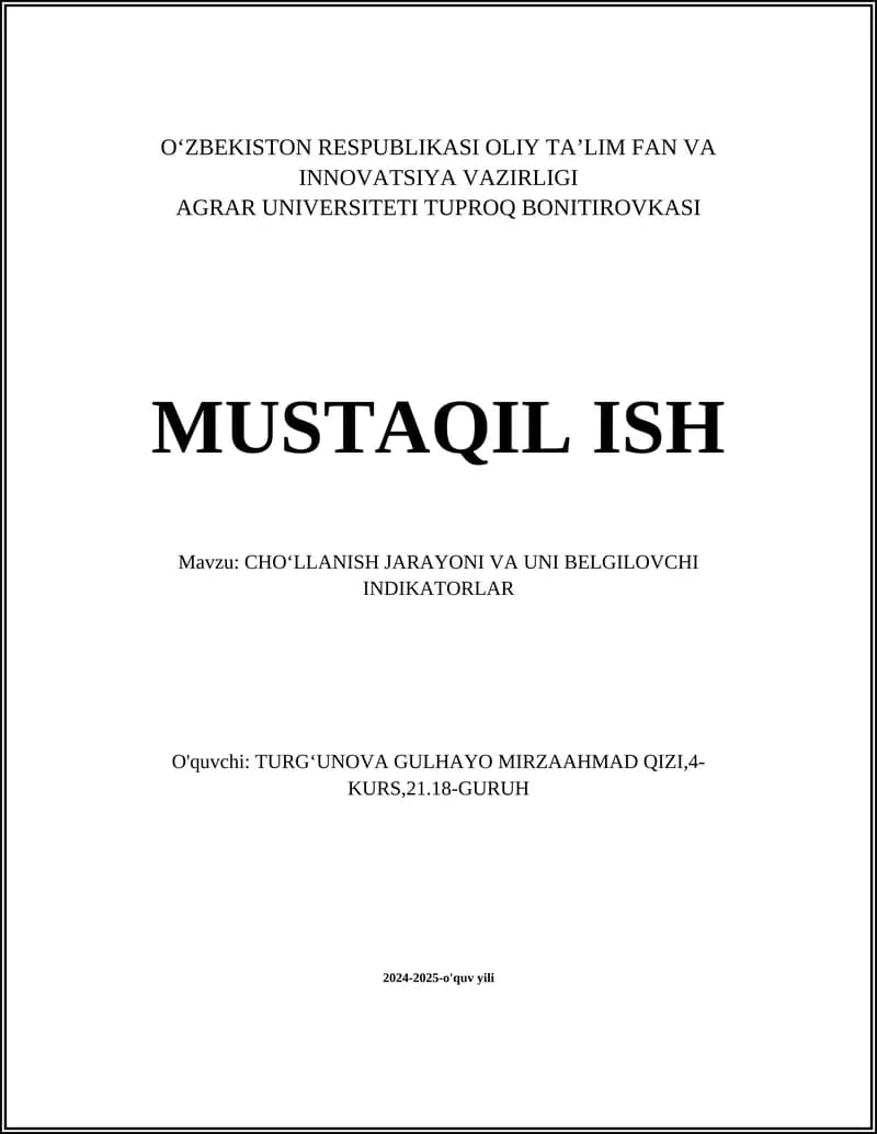 CHOʻLLANISH JARAYONI VA UNI BELGILOVCHI INDIKATORLAR