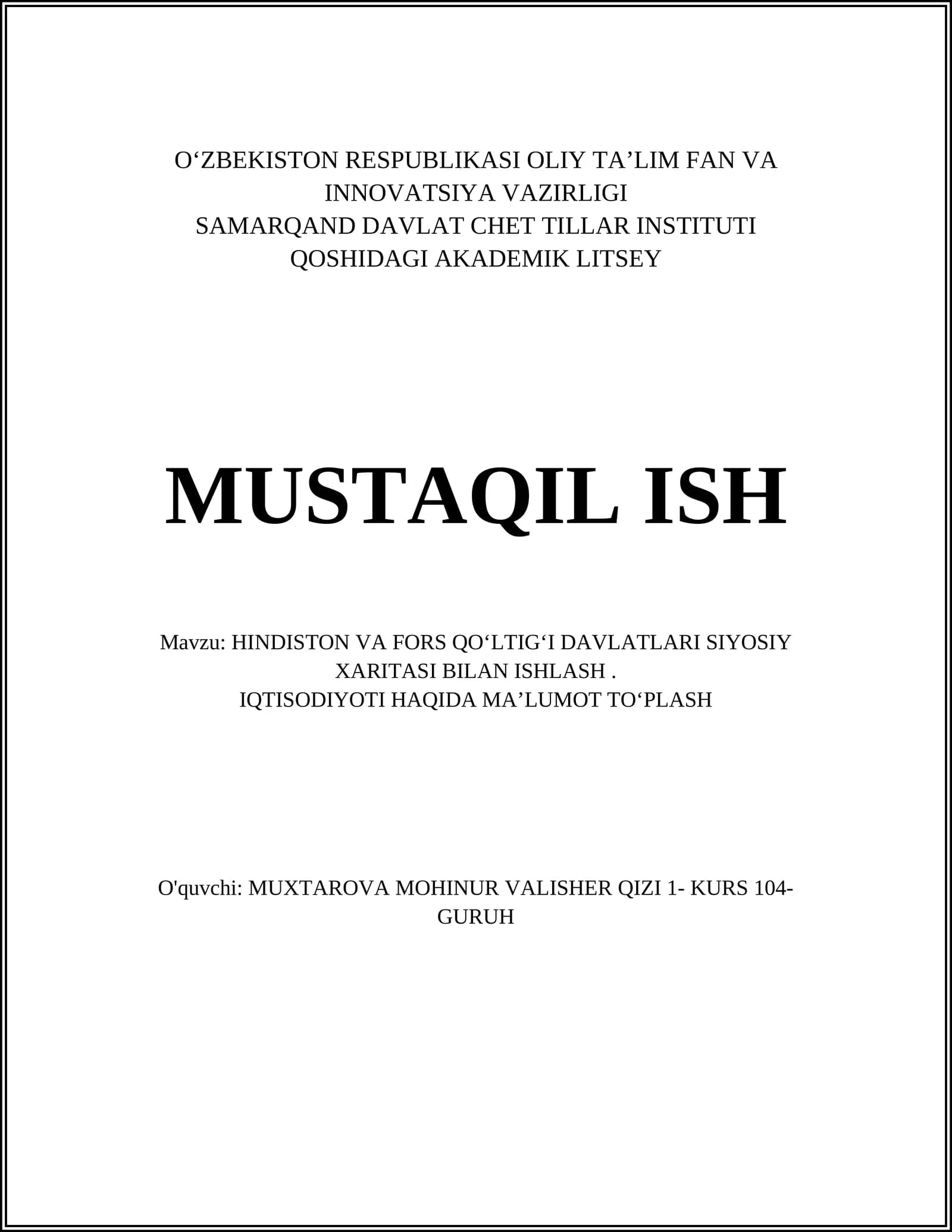 HINDISTON VA FORS QOʻLTIGʻI DAVLATLARI SIYOSIY XARITASI BILAN ISHLASH