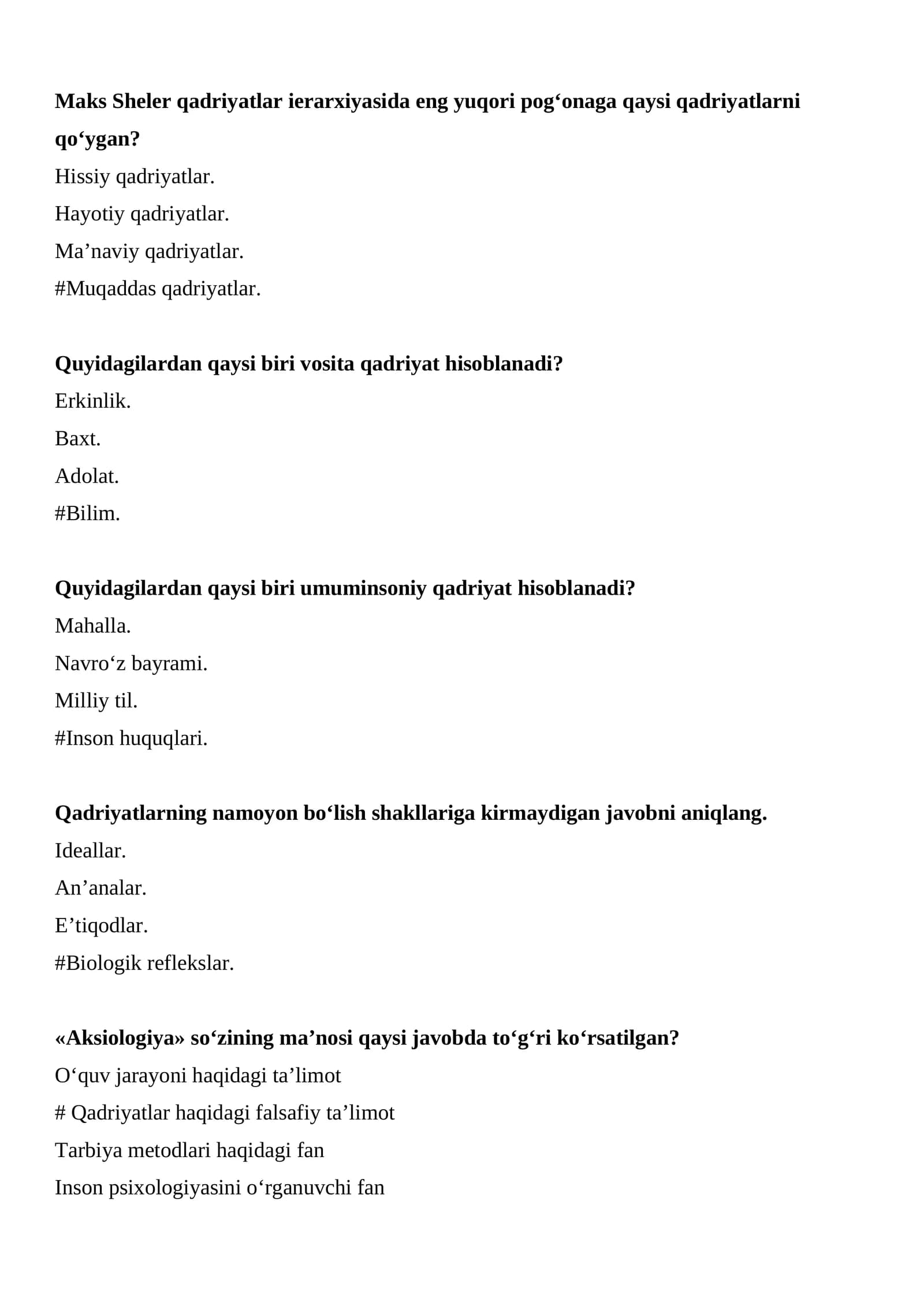 AKSIOLOGIYADAN TESTLAR (JAVOBLARI BILAN)