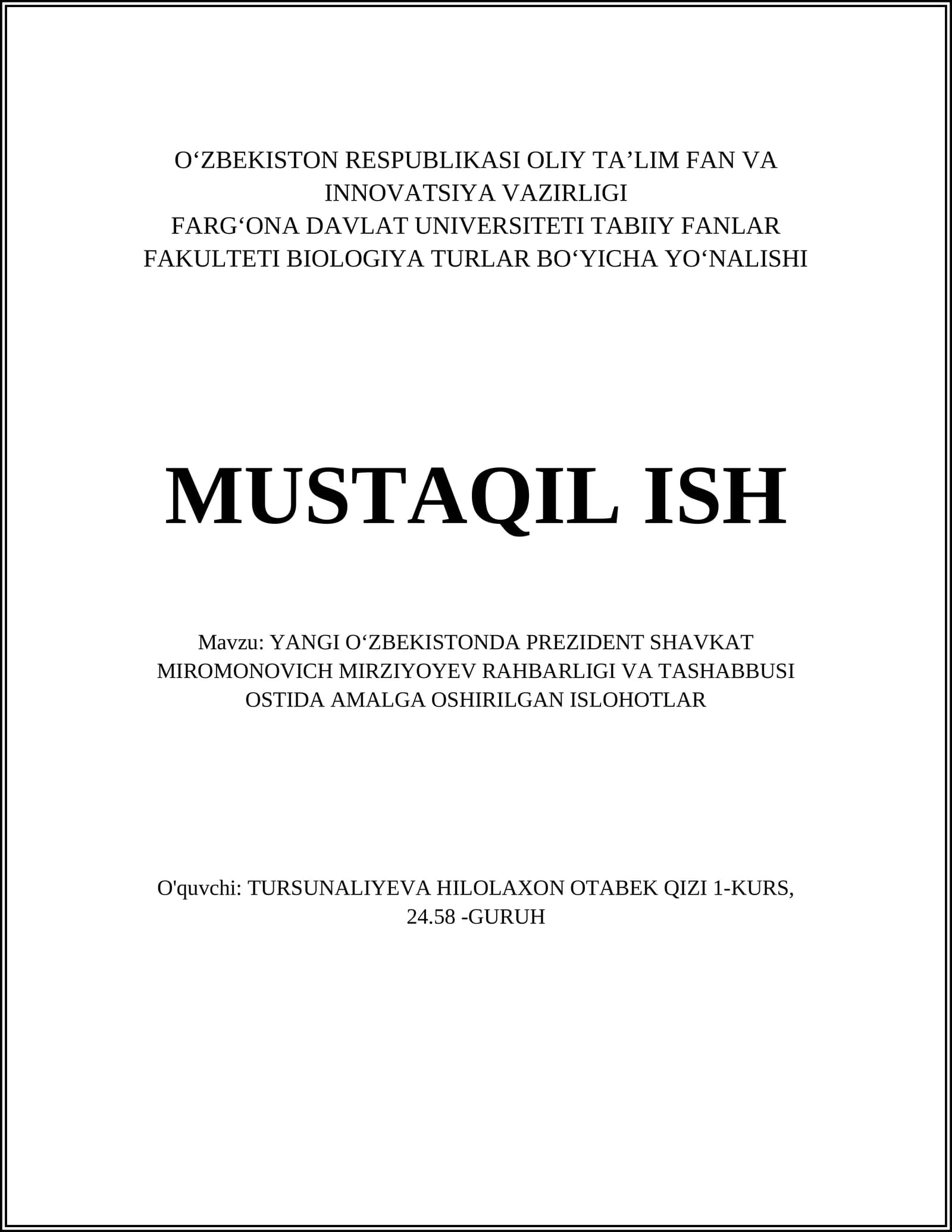 YANGI OʻZBEKISTONDA PREZIDENT SHAVKAT MIROMONOVICH MIRZIYOYEV RAHBARLIGI VA TASHABBUSI OSTIDA AMALGA OSHIRILGAN ISLOHOTLAR