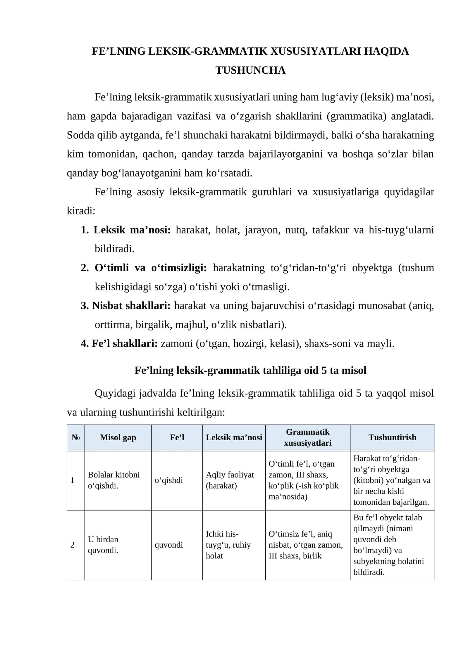 FEʼLNING LEKSIK-GRAMMATIK XUSUSIYATLARI