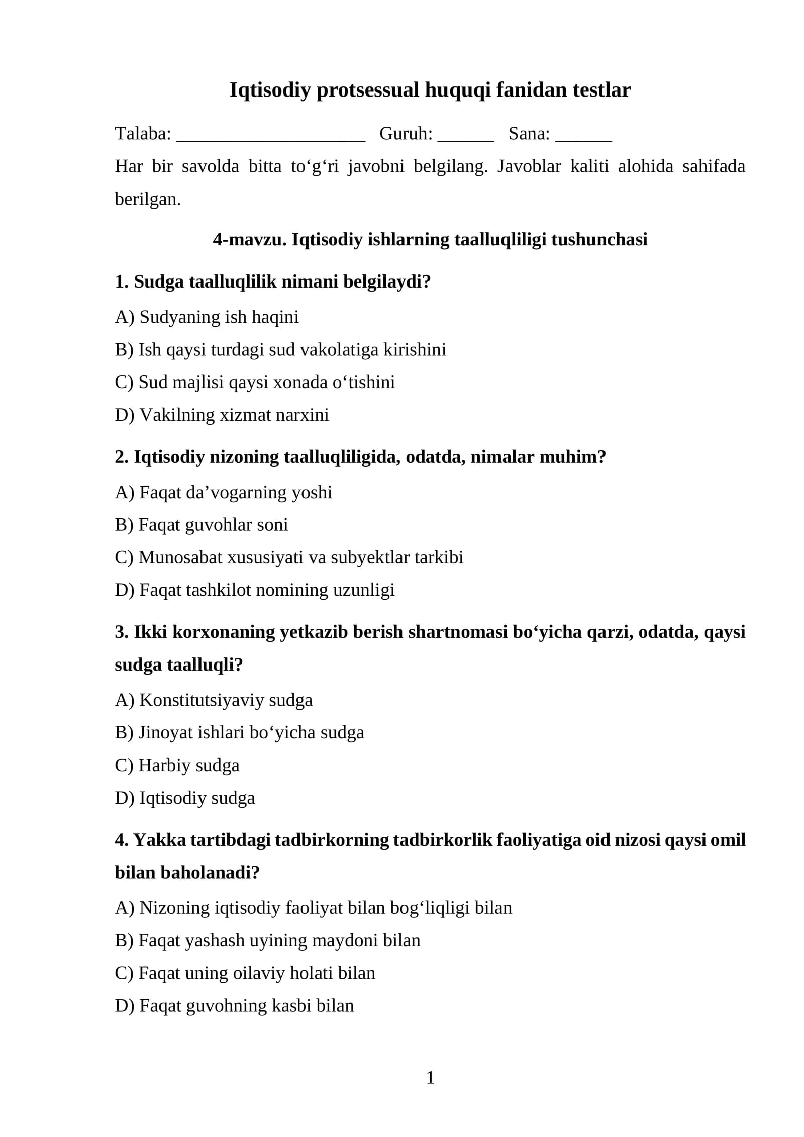 Iqtisodiy ishlarning taalluqliligi tushunchasi TEST
