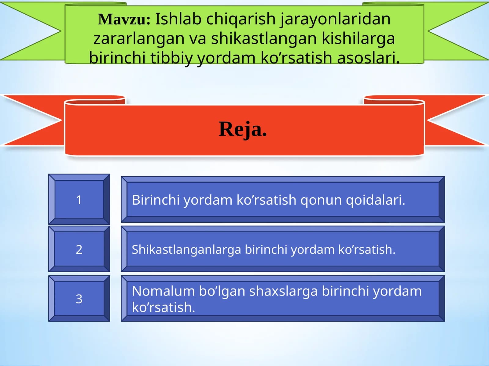 Ishlabchiqarish jarayonlaridan zararlangan va shikastlangan kishilarga birinchi tibbiy yordam ko’rsatish asoslari