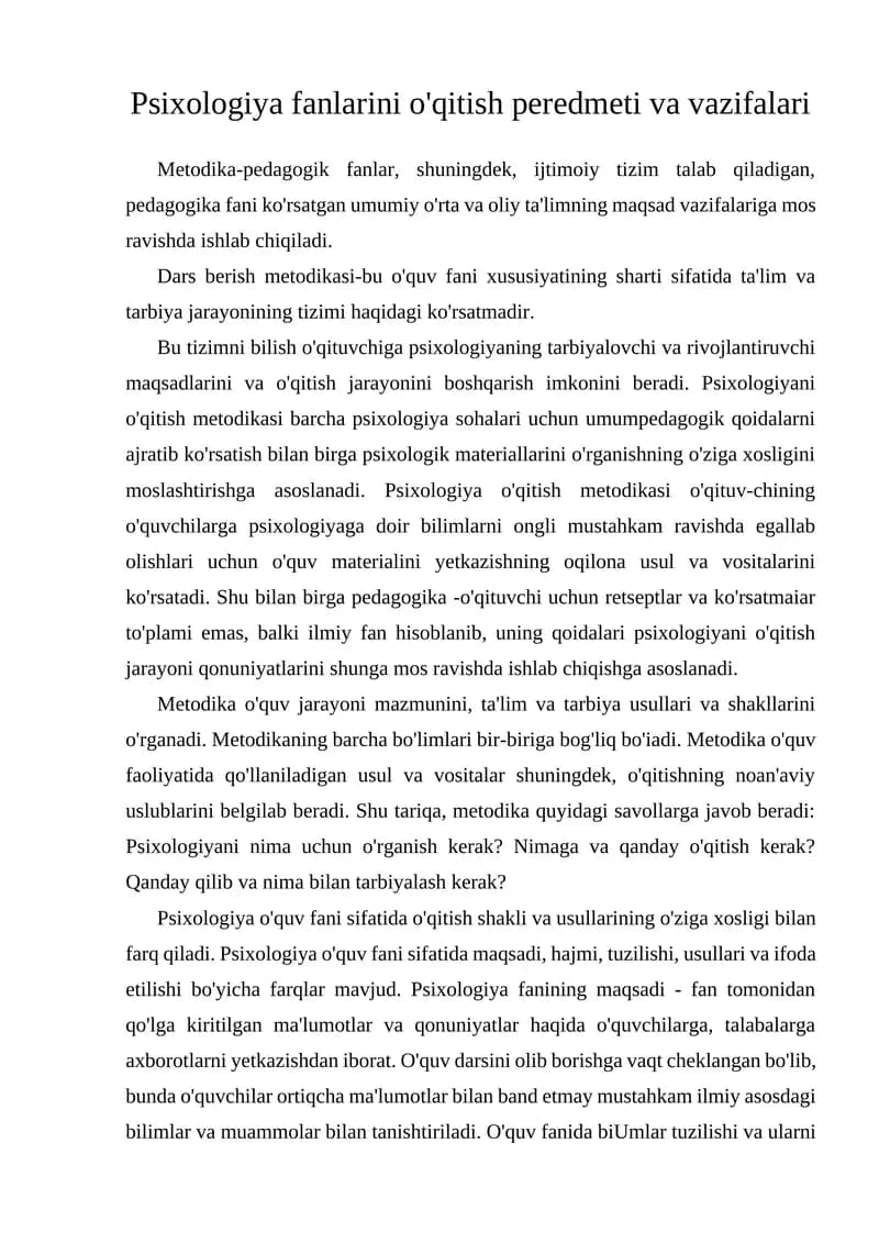 Psixologiya fanlarini o'qitish peredmeti va vazifalari