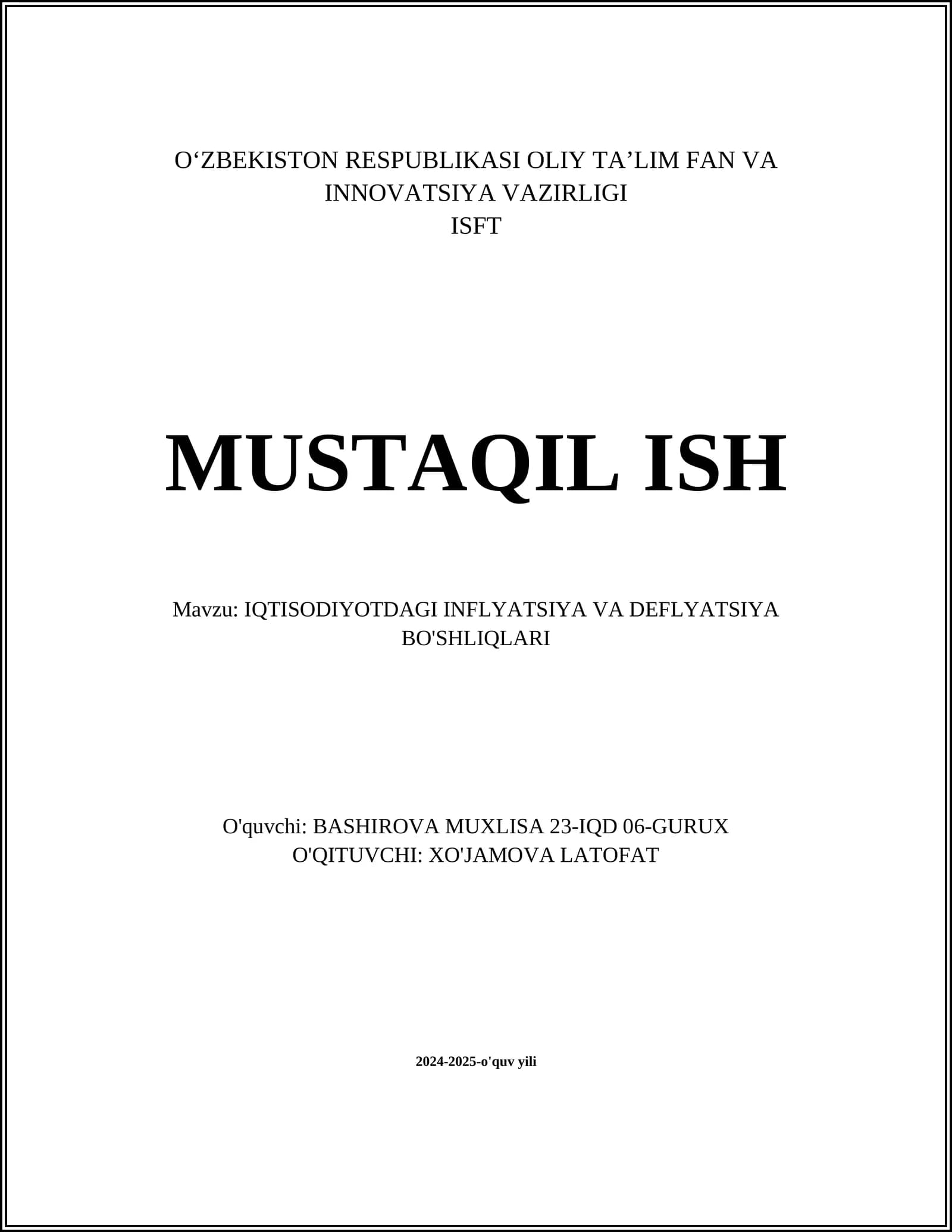IQTISODIYOTDAGI INFLYATSIYA VA DEFLYATSIYA BO'SHLIQLARI