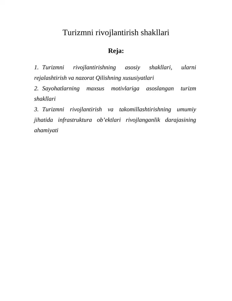 Turizmni rivojlantirish shakllari