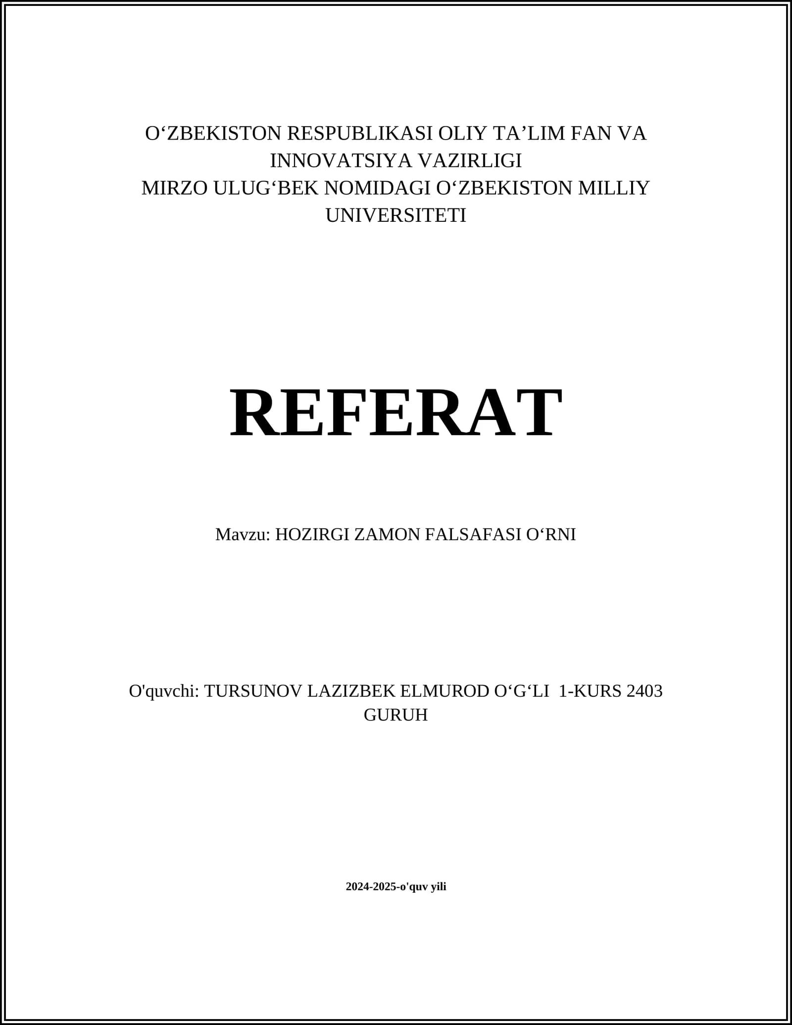 Hozirgi zamon falsafasi oʻrni