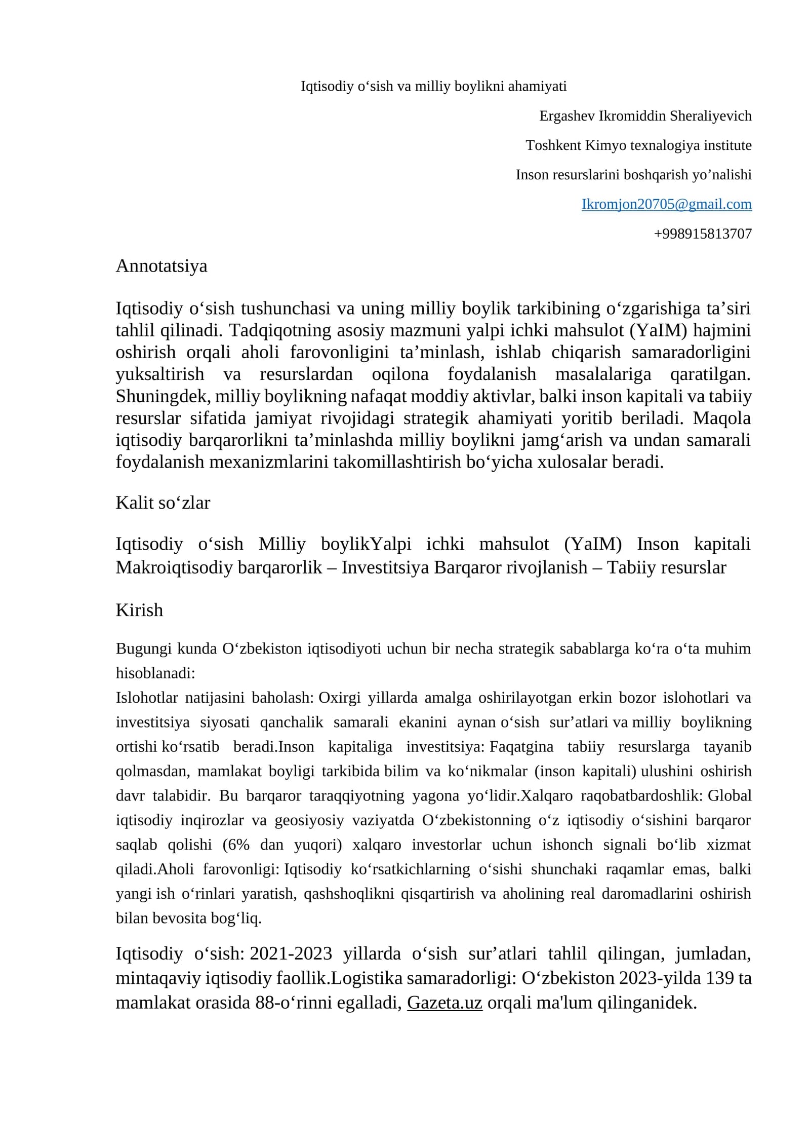Iqtisodiy o‘sish va milliy boylikni ahamiyati