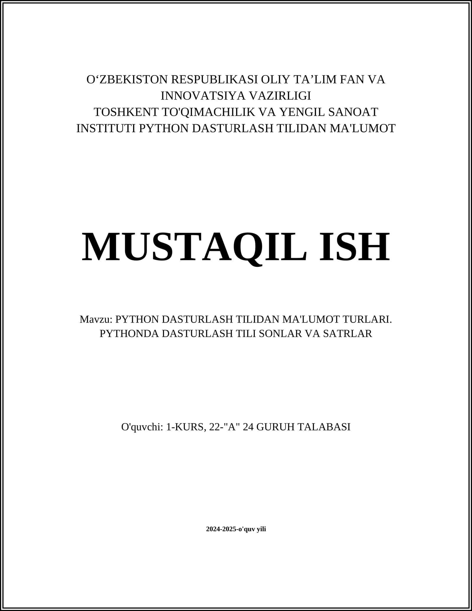 PYTHON DASTURLASH TILIDAN MA'LUMOT TURLARI