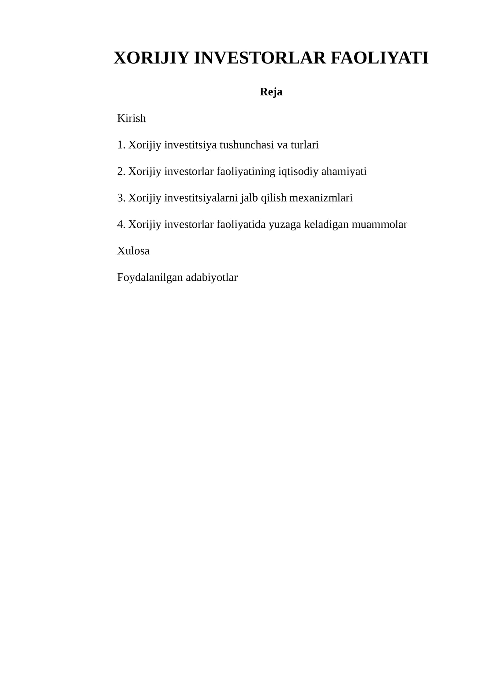XORIJIY INVESTORLAR FAOLIYATI