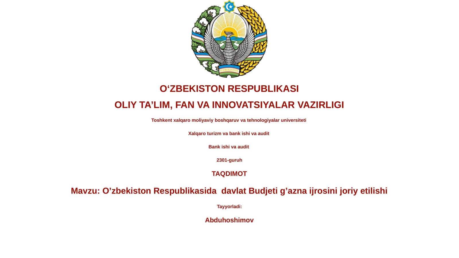 O‘zbekiston Respublikasida davlat Budjeti g’azna ijrosini joriy etilishi