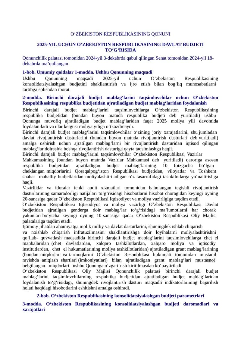 O‘ZBEKISTON RESPUBLIKASINING QONUNI 2025-YIL UCHUN O'ZBEKISTON RESPUBLIKASINING DAVLAT BUDJETI TO'G'RISIDA