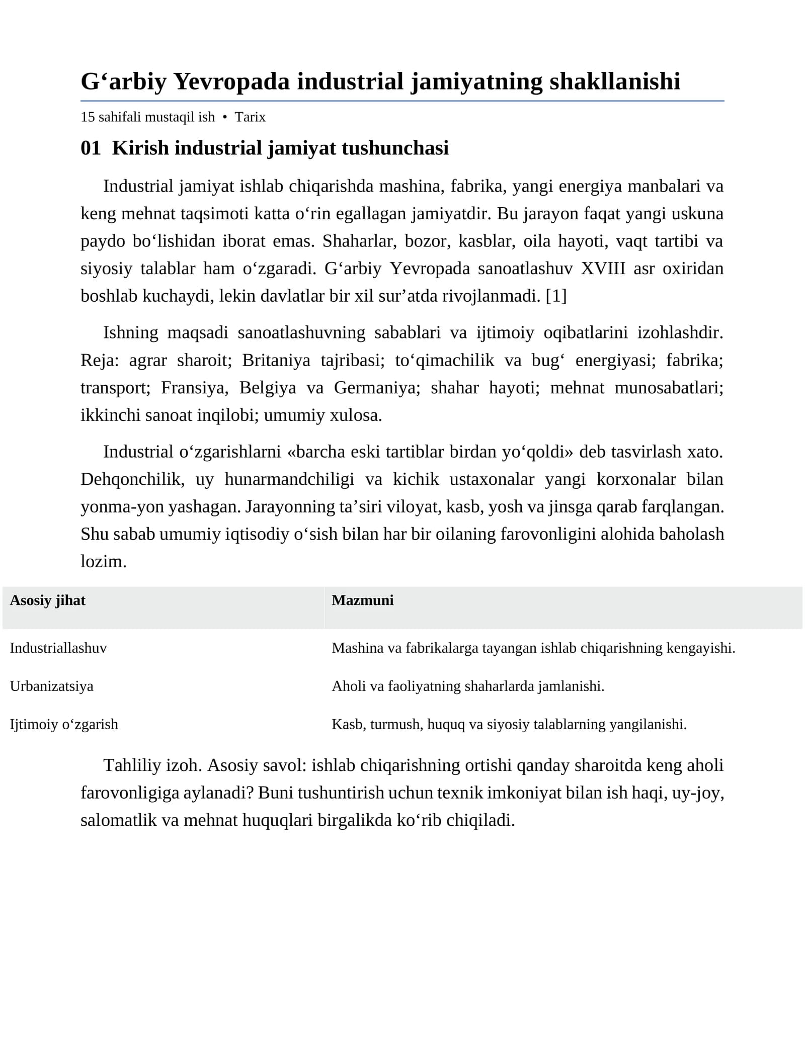 G‘arbiy Yevropada industrial jamiyatning shakllanishi