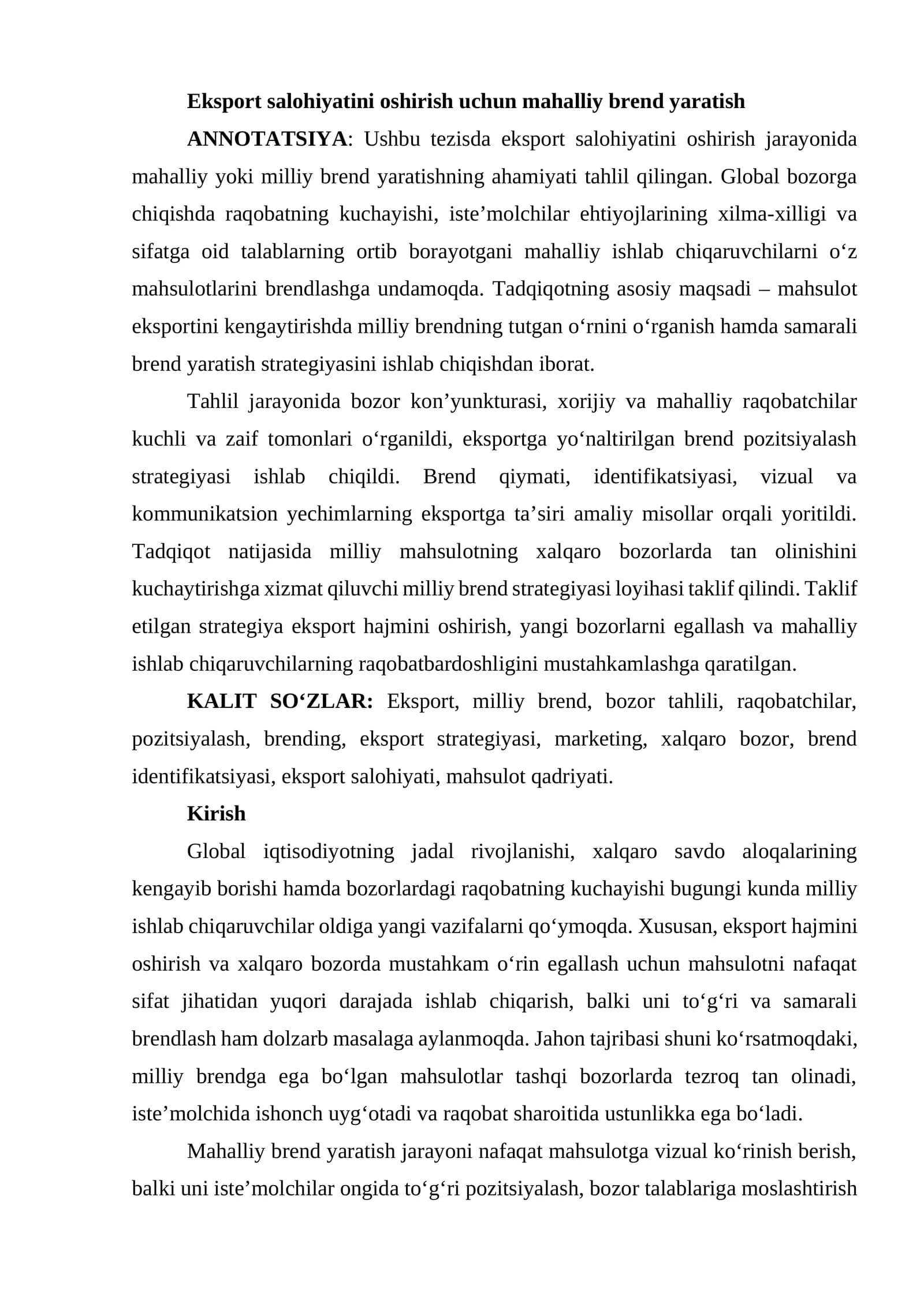 Eksport salohiyatini oshirish uchun mahalliy brend yaratish