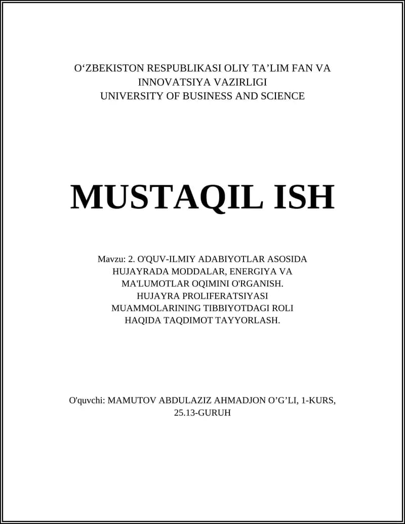 O'QUV-ILMIY ADABIYOTLAR ASOSIDA HUJAYRADA MODDALAR, ENERGIYA VA MA'LUMOTLAR OQIMINI O'RGANISH