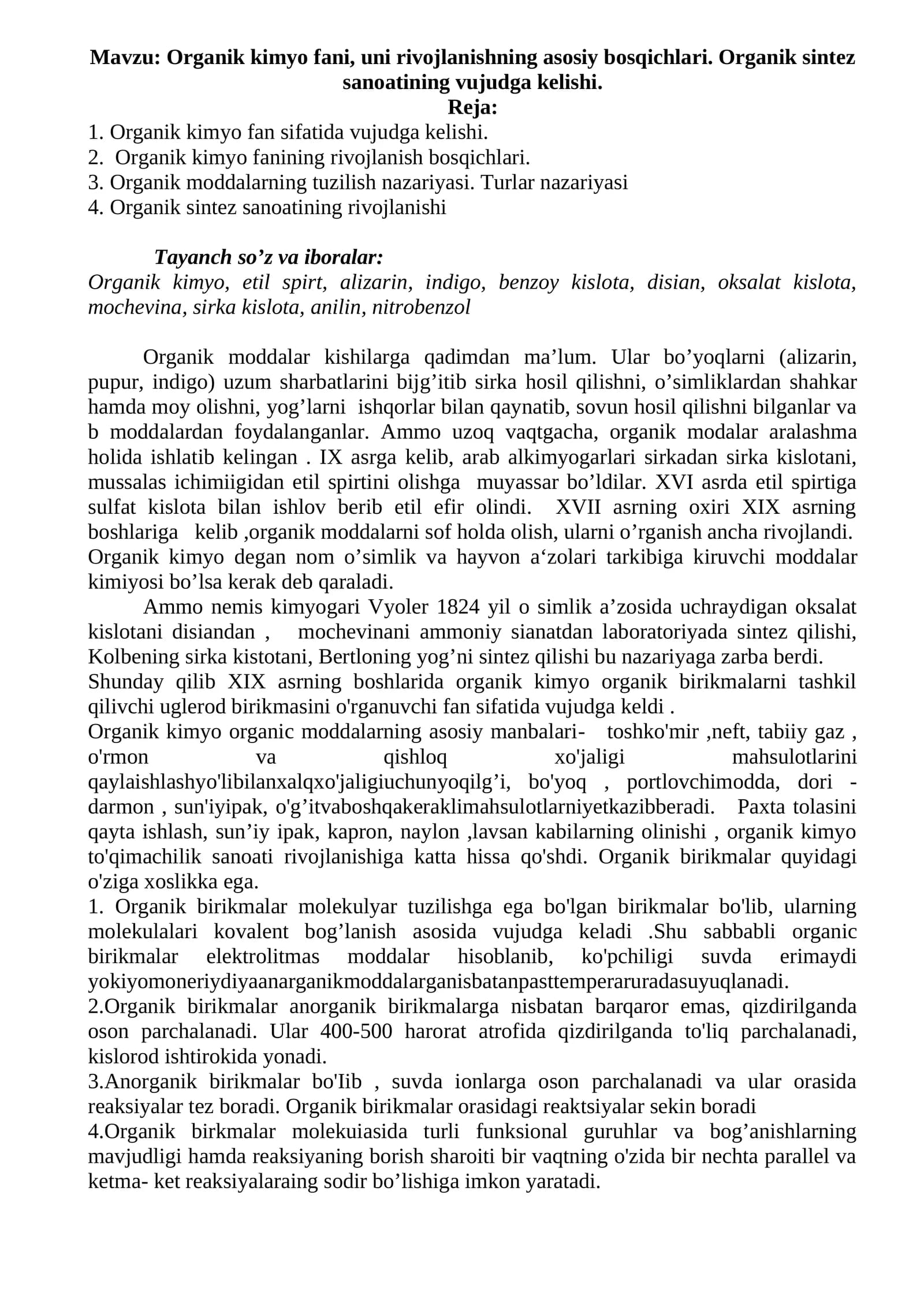 Organik kimyo fani, uni rivojlanishning asosiy bosqichlari