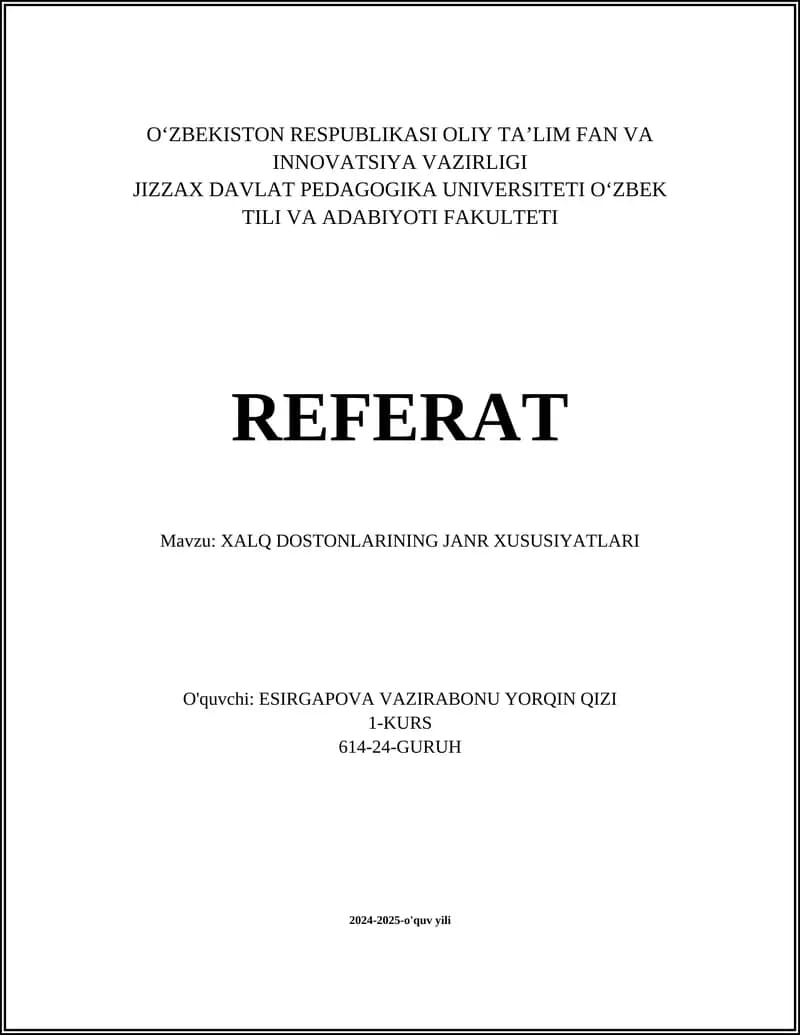 XALQ DOSTONLARINING JANR XUSUSIYATLARI