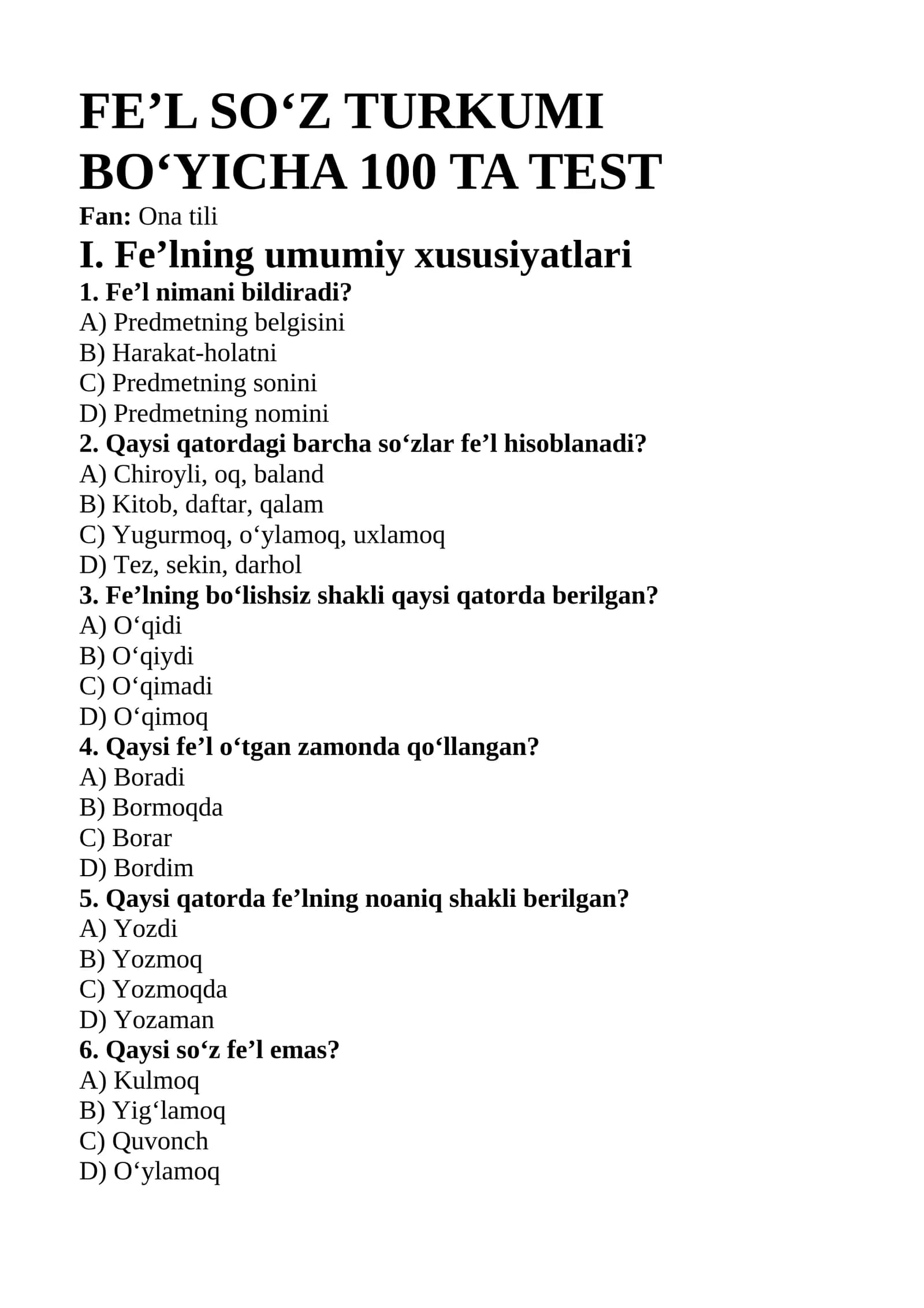 Fe'l so'z turkumi 100talik umumiy test