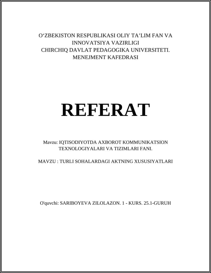 Iqtisodiyotda Axborot Kommunikatsion Texnologiyalari va Tizimlari Fani