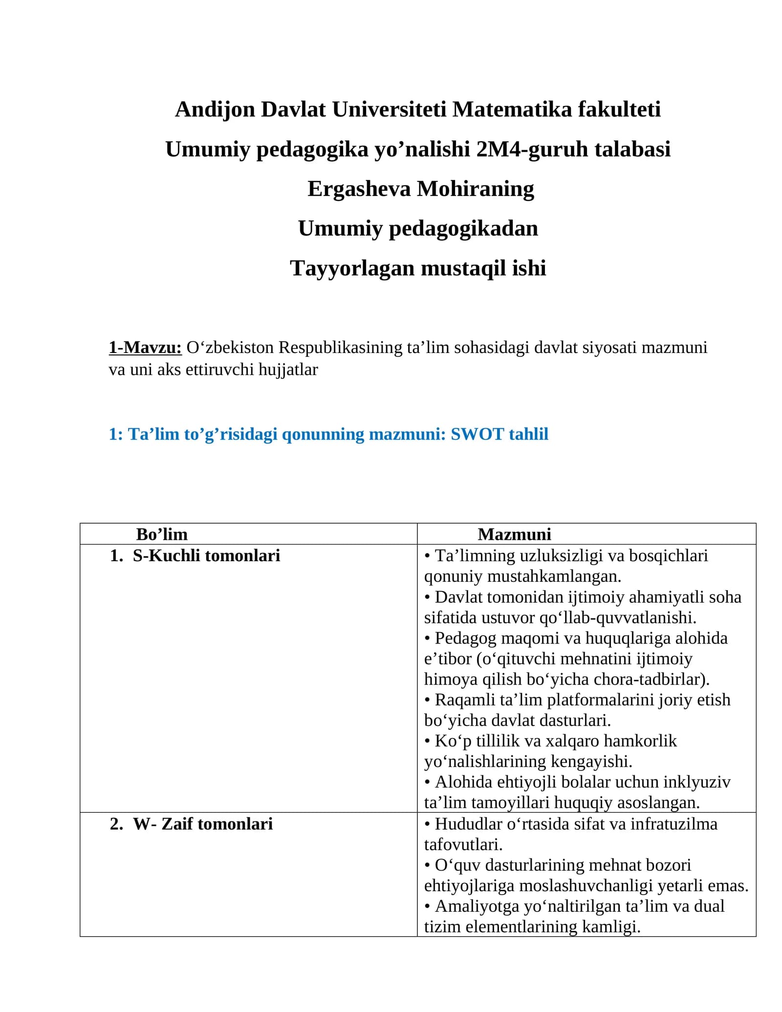 Tayyorlagan mustaqil ishi