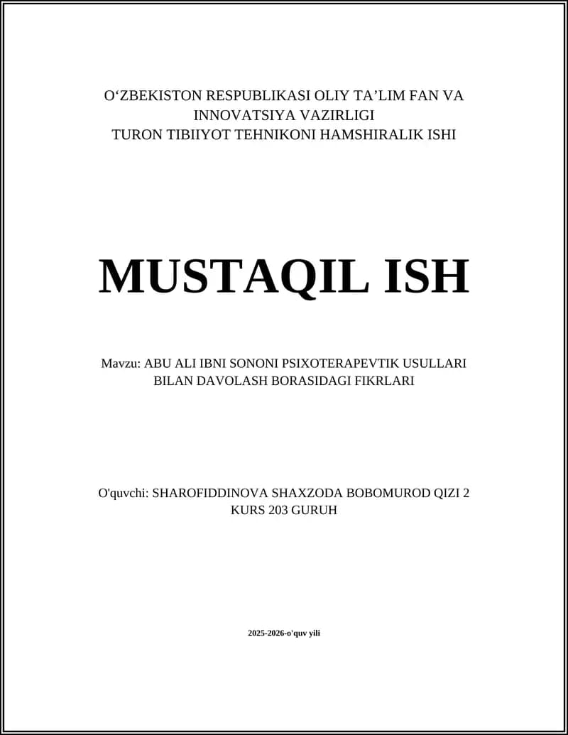 Abu Ali Ibni Sononi psixoterapevtik usullari bilan davolash