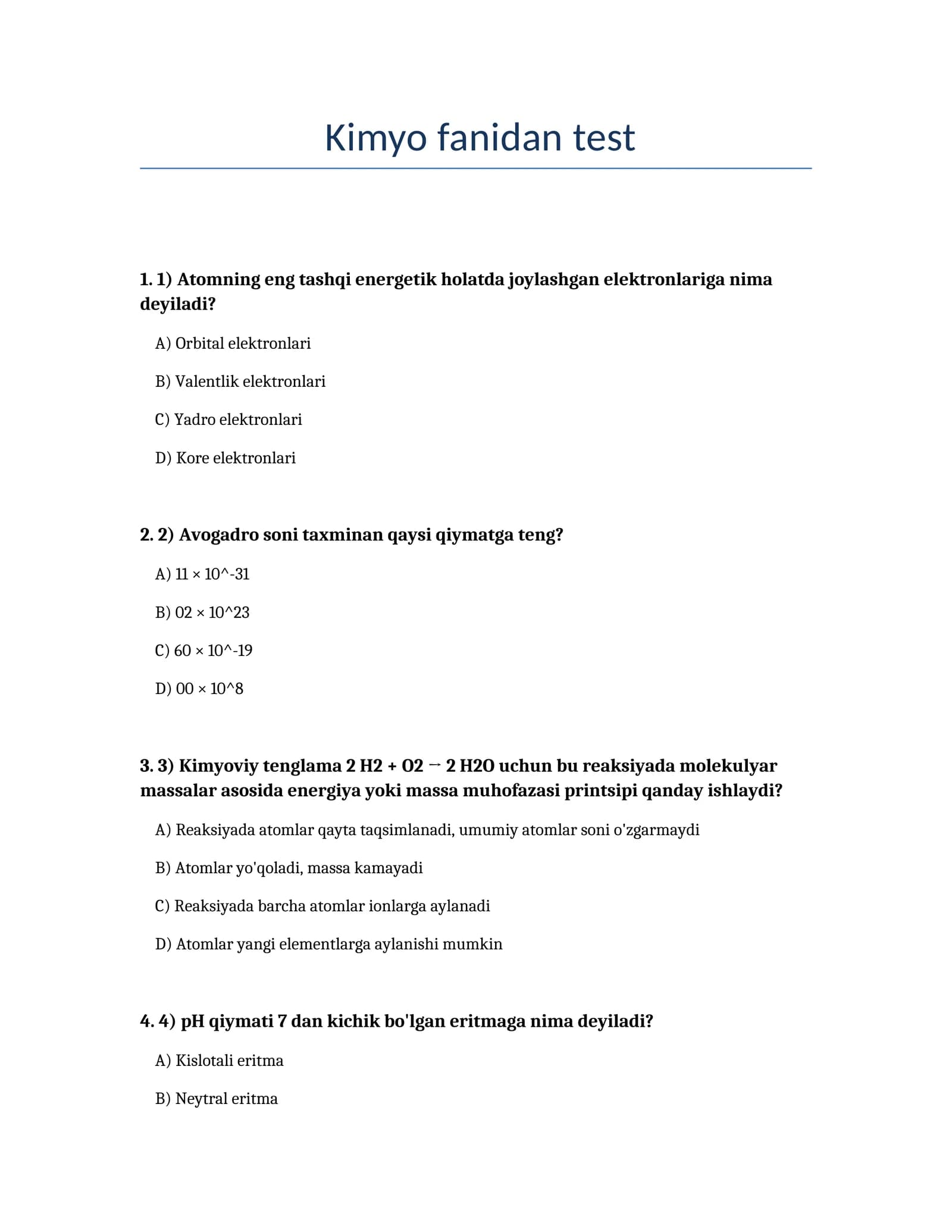 Kimyo fanidan test