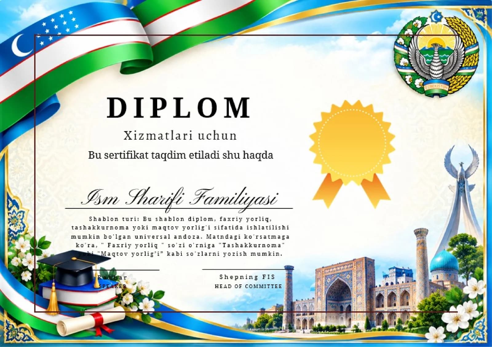 Shablon diplom, sertifikat, faxriy yorliq, tashakkurnoma yoki maqtov yorlig'i