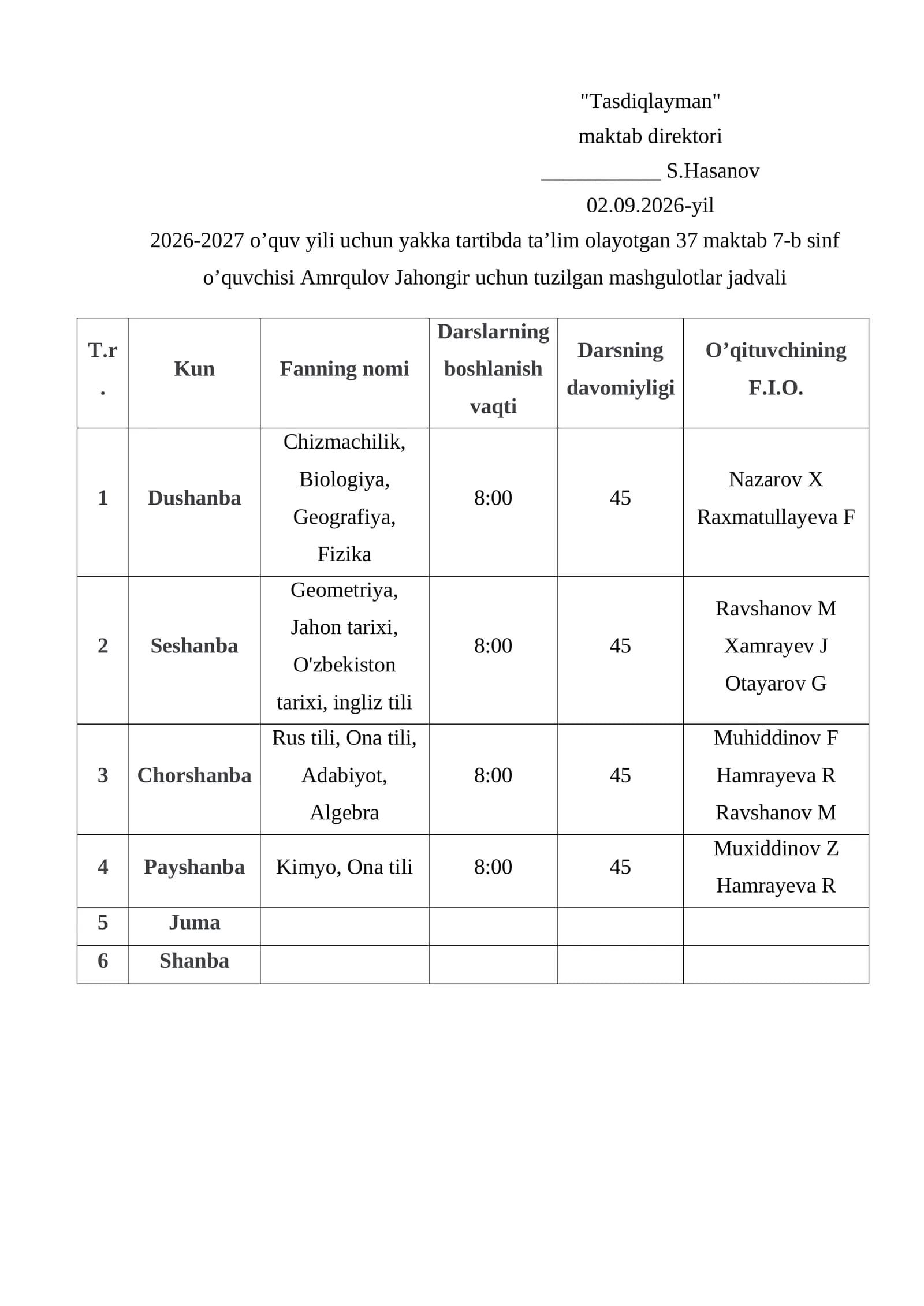 Amrqulov Jahongir Mashg'ulotlar Jadvali