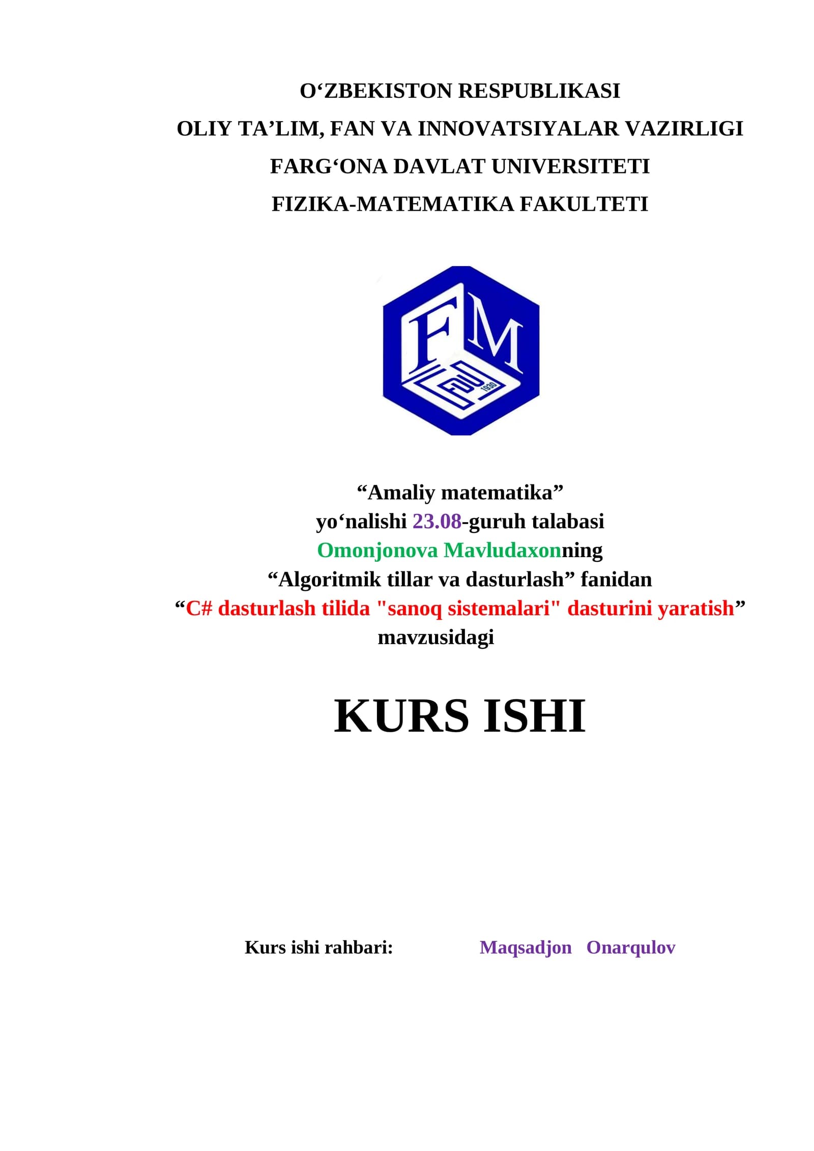 C# dasturlash tilida "sanoq sistemalari" dasturini yaratish kurs ishi