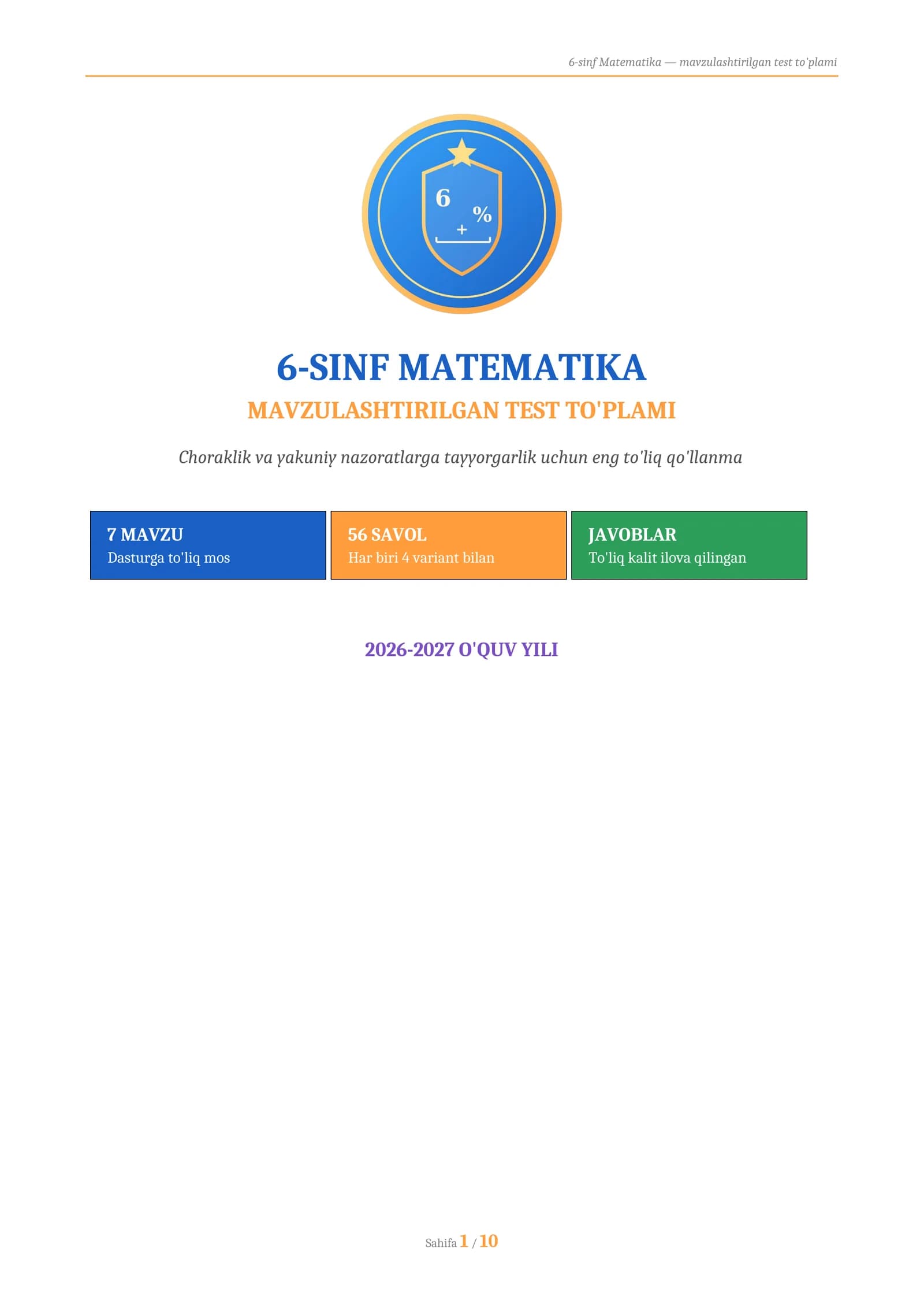 6-SINF MATEMATIKA — MAVZULASHTIRILGAN TEST TO'PLAMI 2026 (56 ta savol, javoblari bilan)