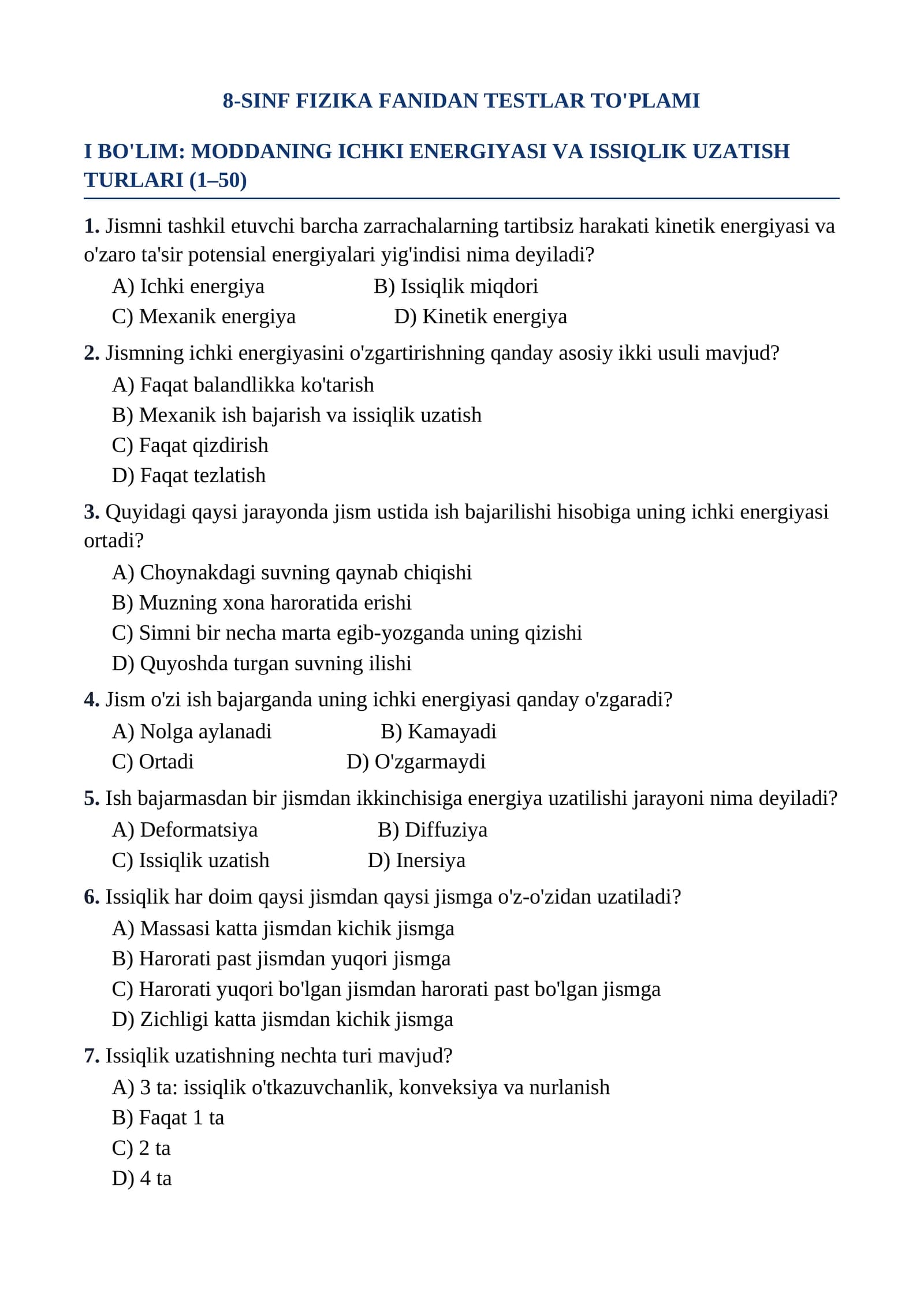 8-SINF FIZIKA FANIDAN TESTLAR TO'PLAMI