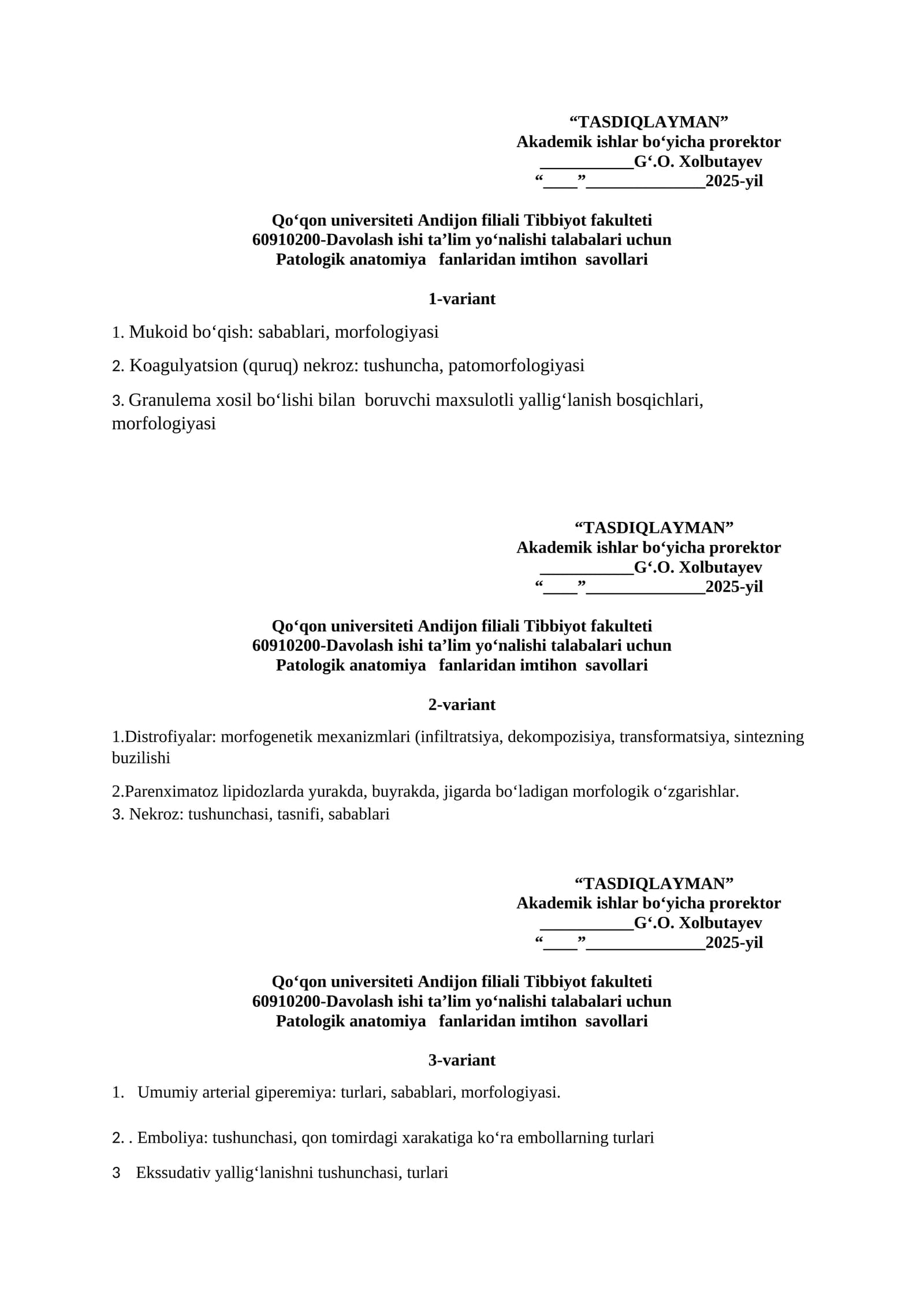 Patologik anatomiya fanlaridan imtihon savollari