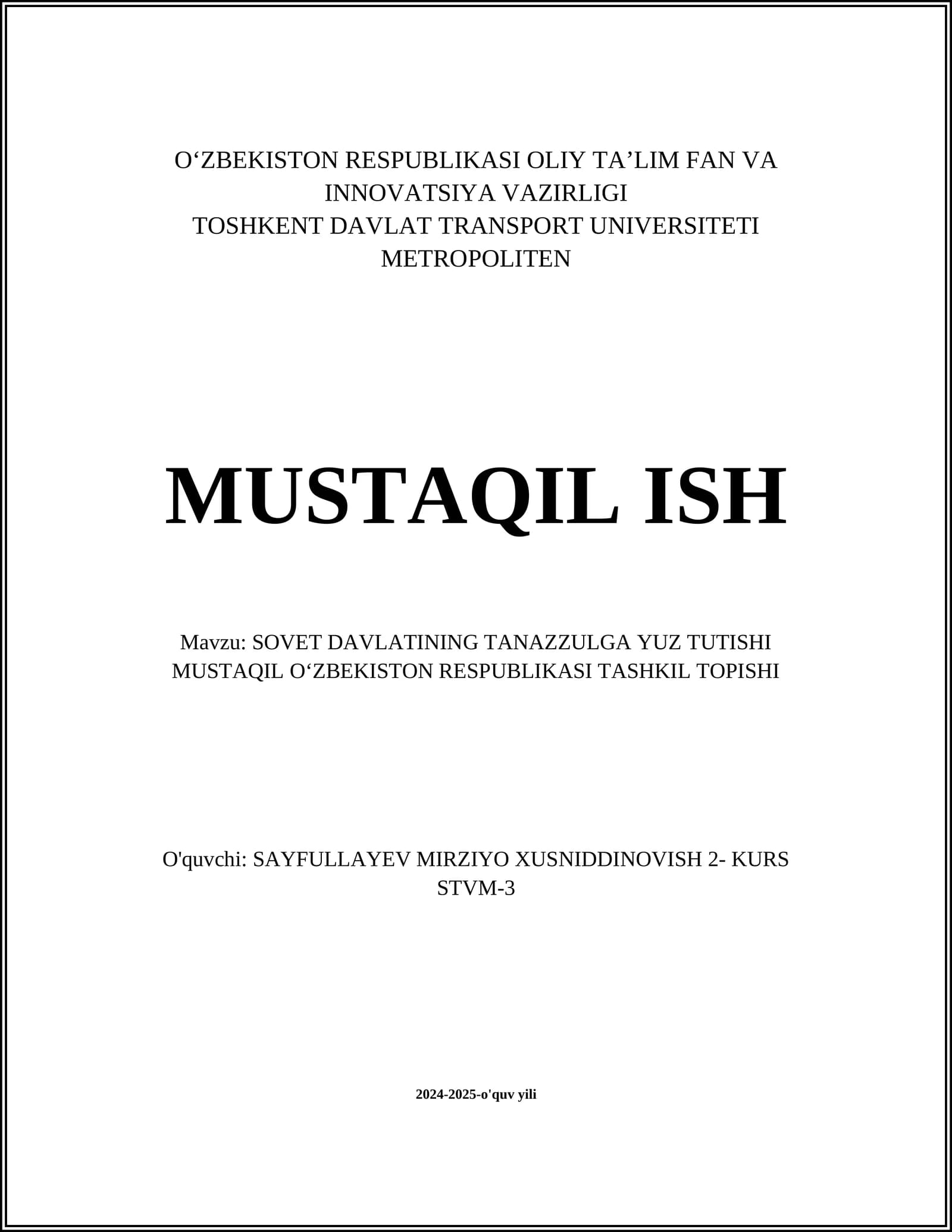 SOVET DAVLATINING TANAZZULGA YUZ TUTISHI