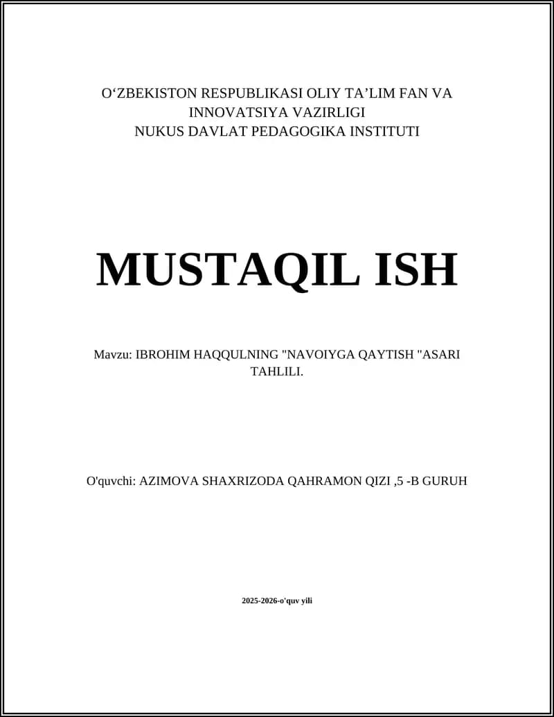 IBROHIM HAQQULNING "NAVOIYGA QAYTISH "ASARI TAHLILI