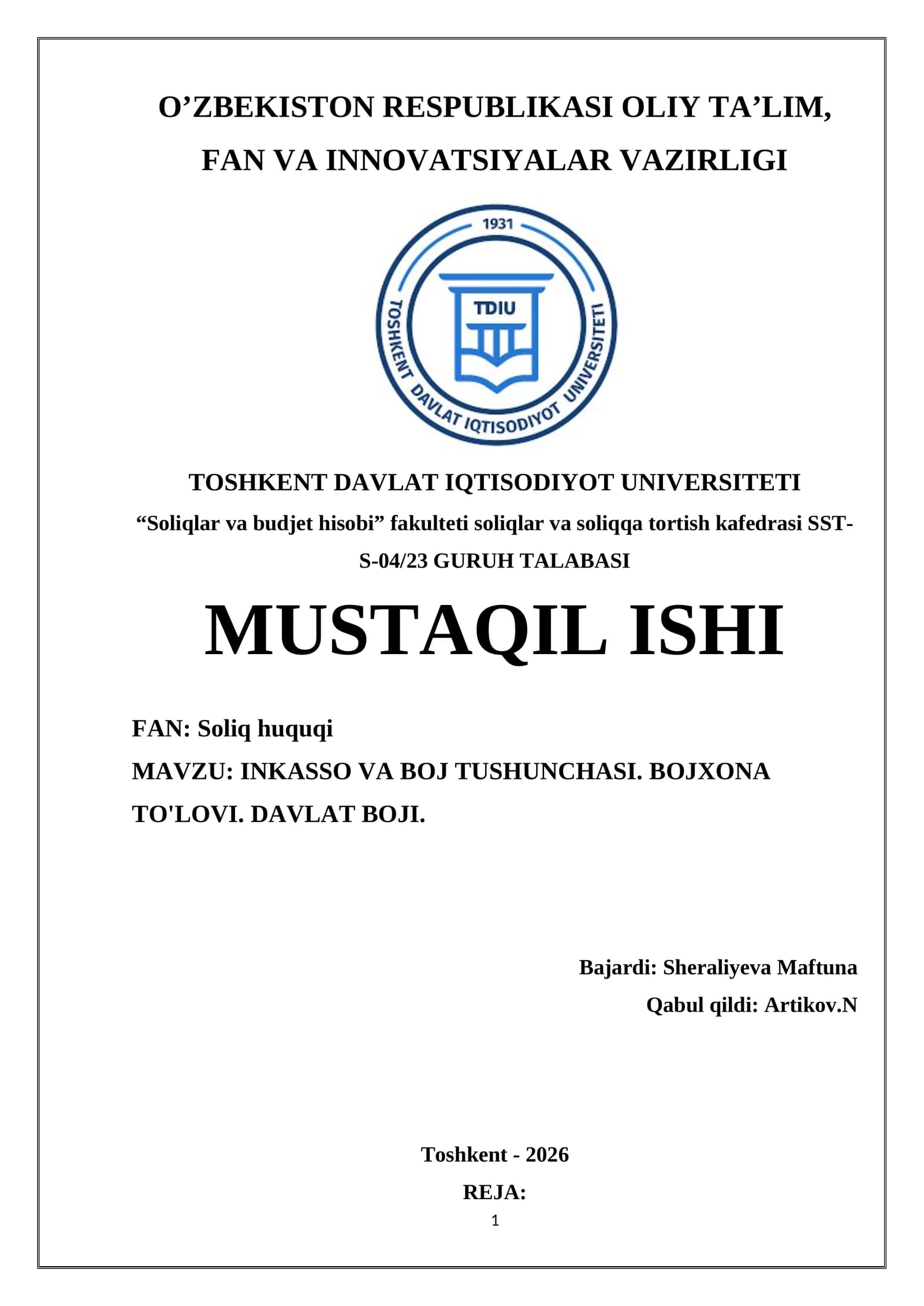 INKASSO VA BOJ TUSHUNCHASI. BOJXONA TO'LOVI. DAVLAT BOJI