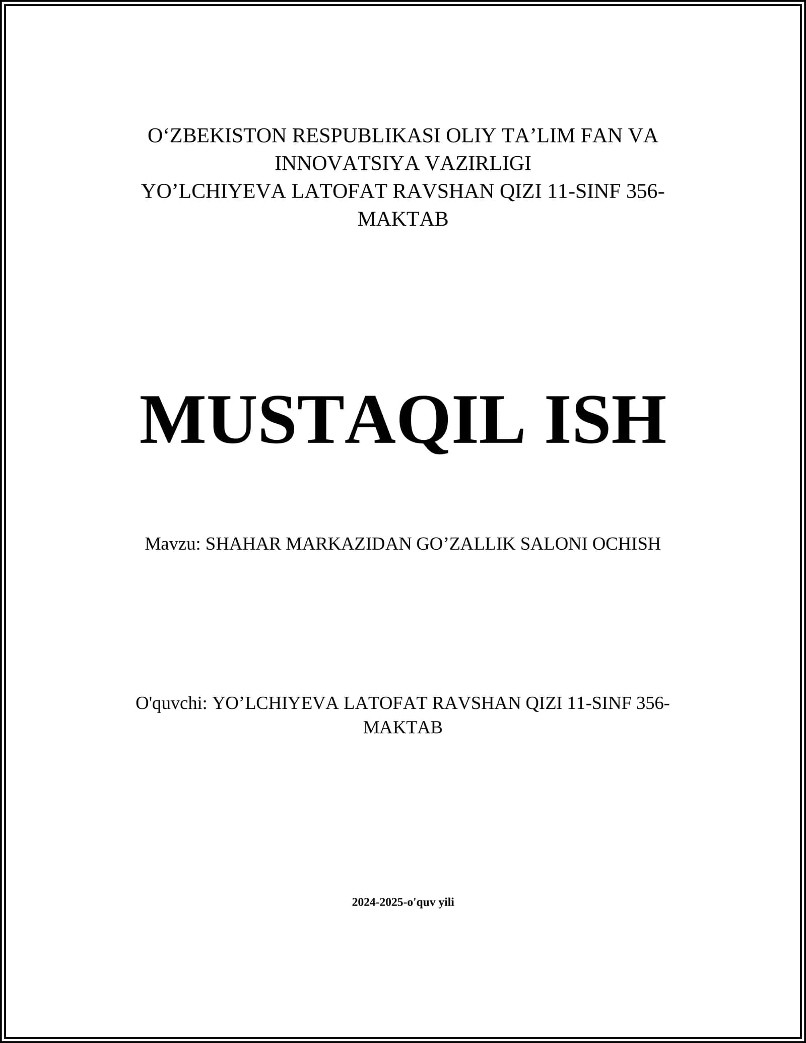 SHAHAR MARKAZIDAN GO’ZALLIK SALONI OCHISH