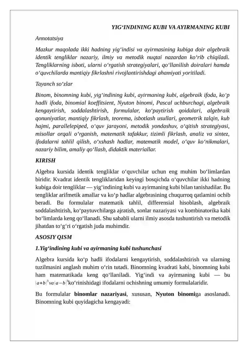YIGʻINDINING KUBI VA AYIRMANING KUBI