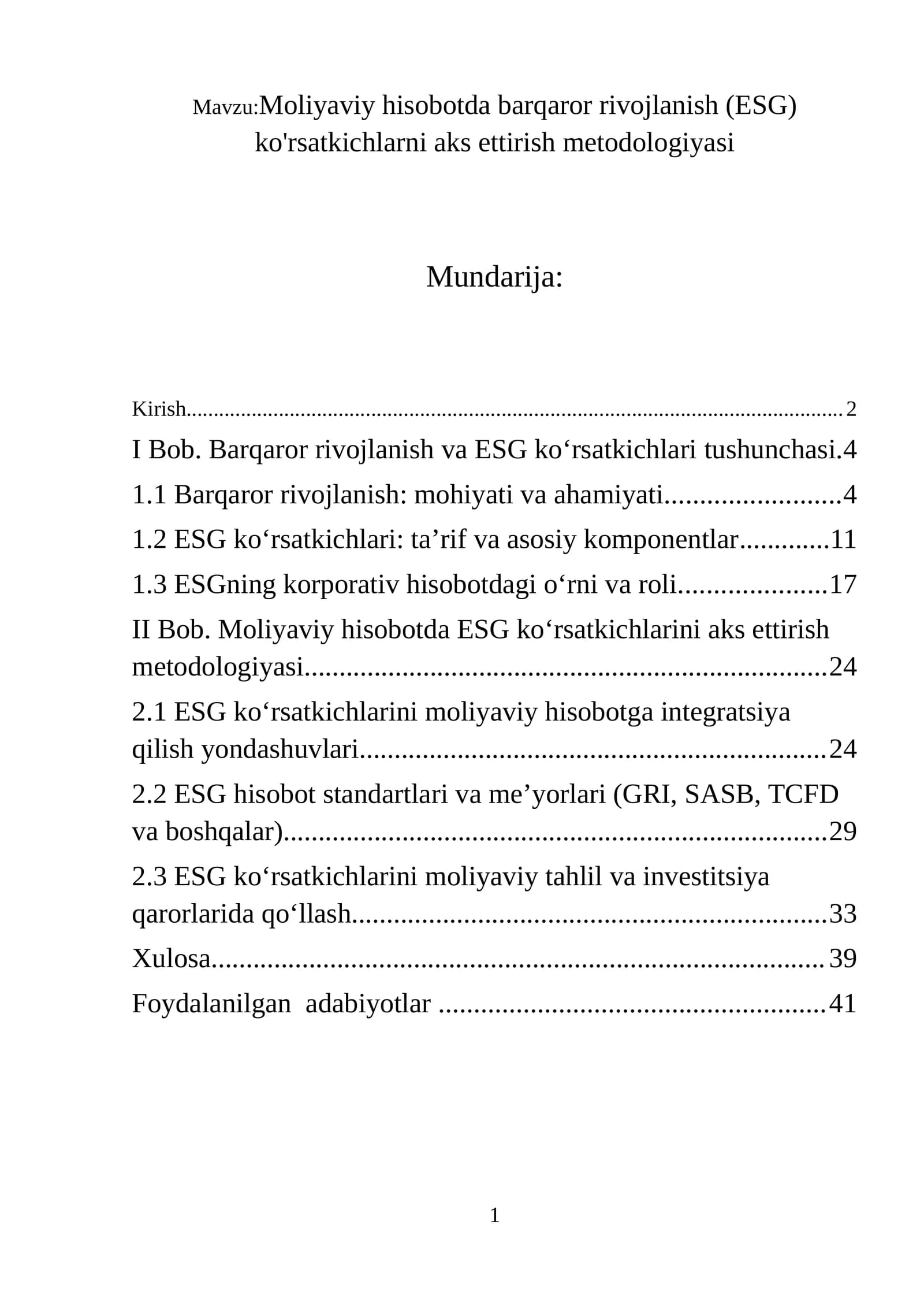 Moliyaviy hisobotda barqaror rivojlanish (ESG) ko'rsatkichlarni aks ettirish metodologiyasi