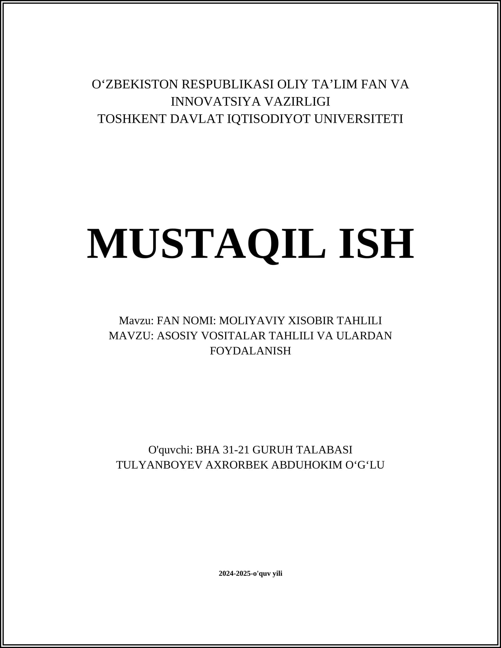 MOLIYAVIY XISOBIR TAHLILI