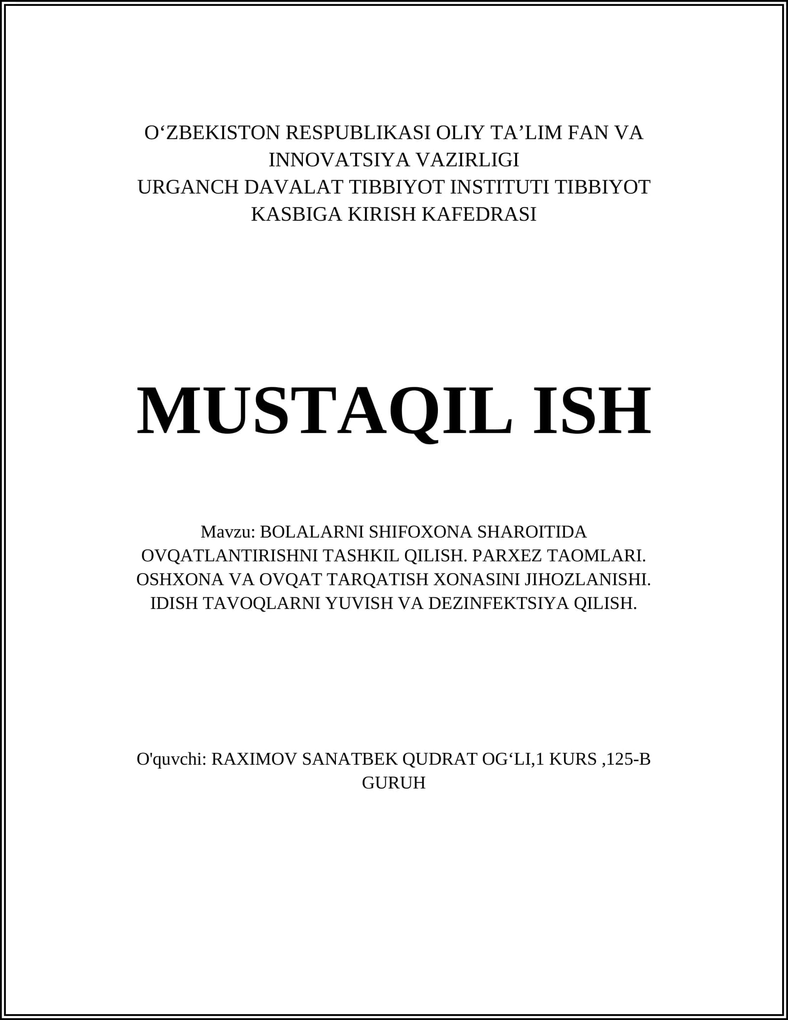 BOLALARNI SHIFOXONA SHAROITIDA OVQATLANTIRISHNI TASHKIL QILISH