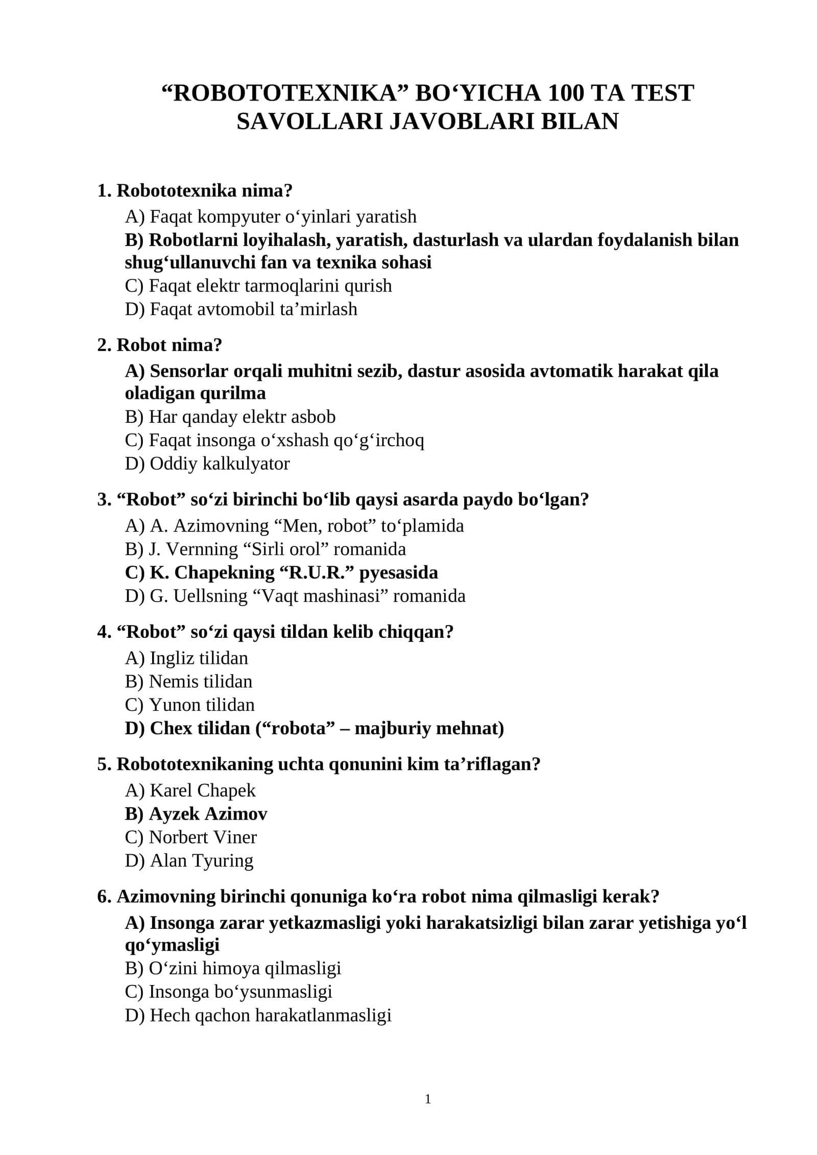 Robototexnika fanidan 100 ta test savollari javoblari bilan