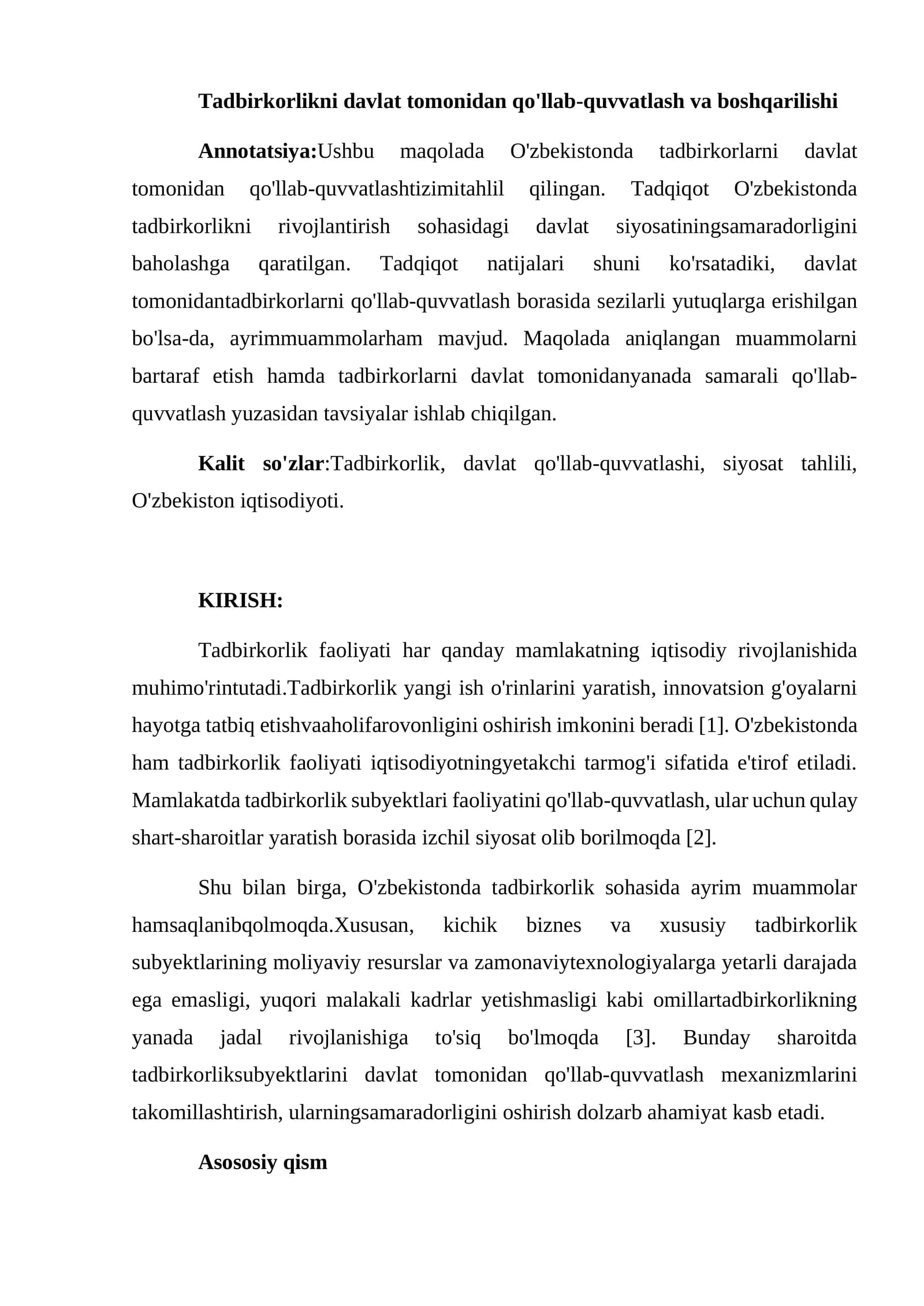 Tadbirkorlikni davlat tomonidan qo'llab-quvvatlash va boshqarilishi