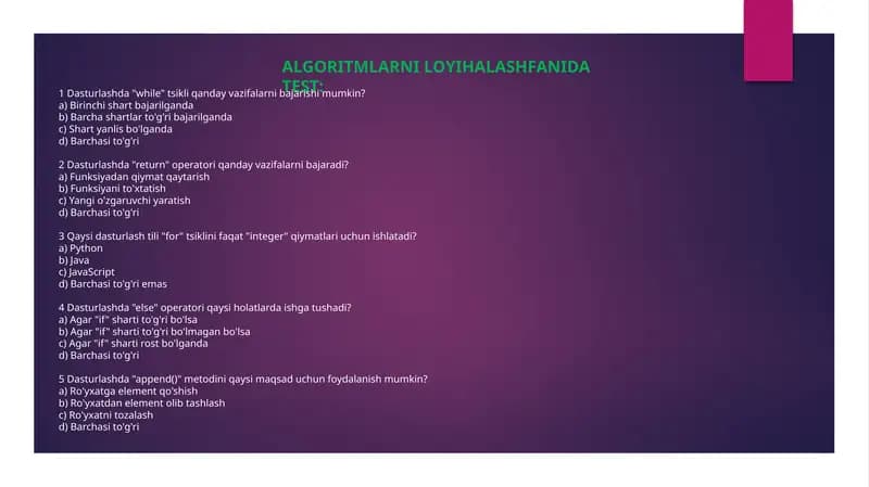 Algoritmlarni loyihalash fanidan test