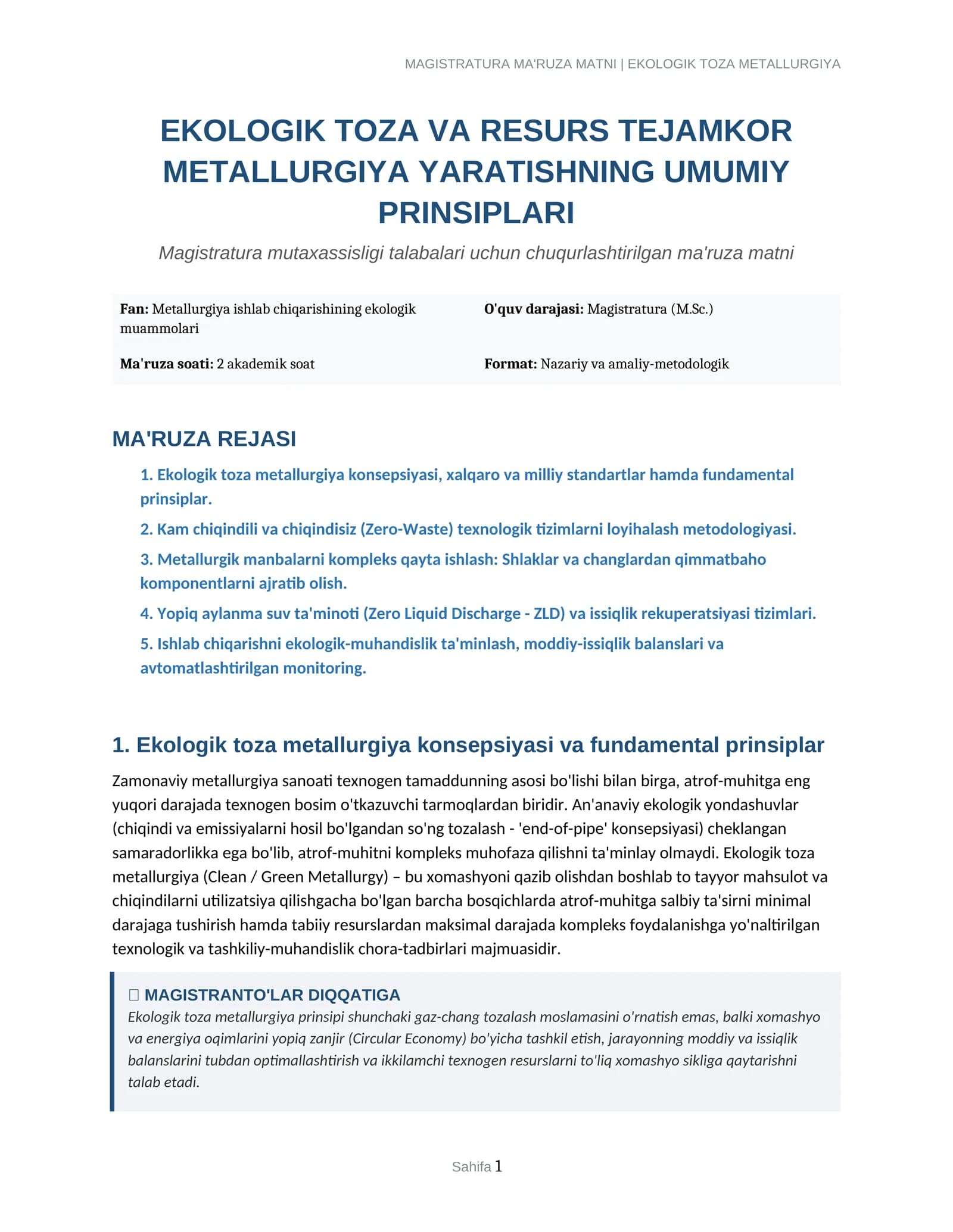 MAGISTRATURA MA'RUZA MATNI | EKOLOGIK TOZA METALLURGIYA
