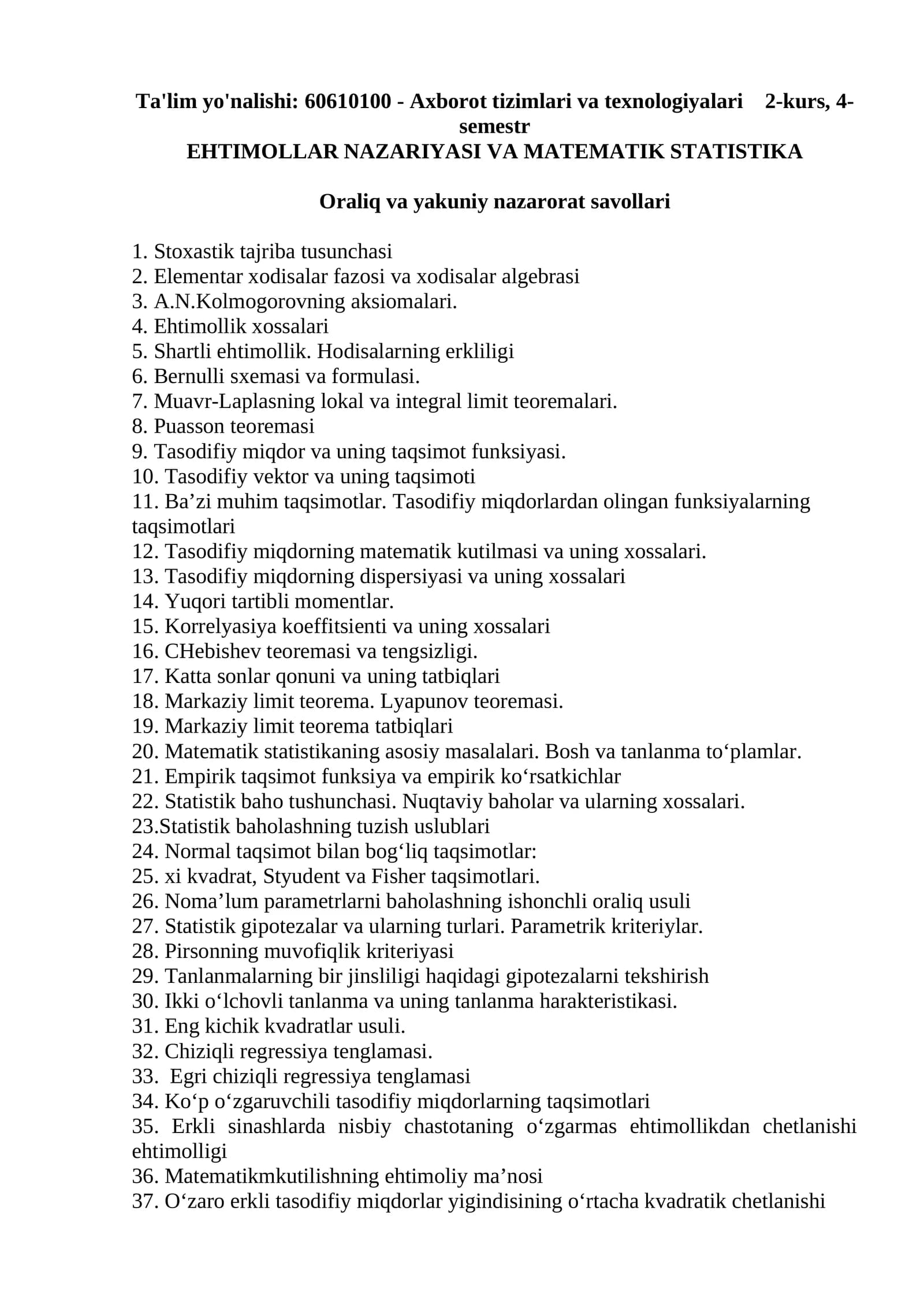 EHTIMOLLAR NAZARIYASI VA MATEMATIK STATISTIKA