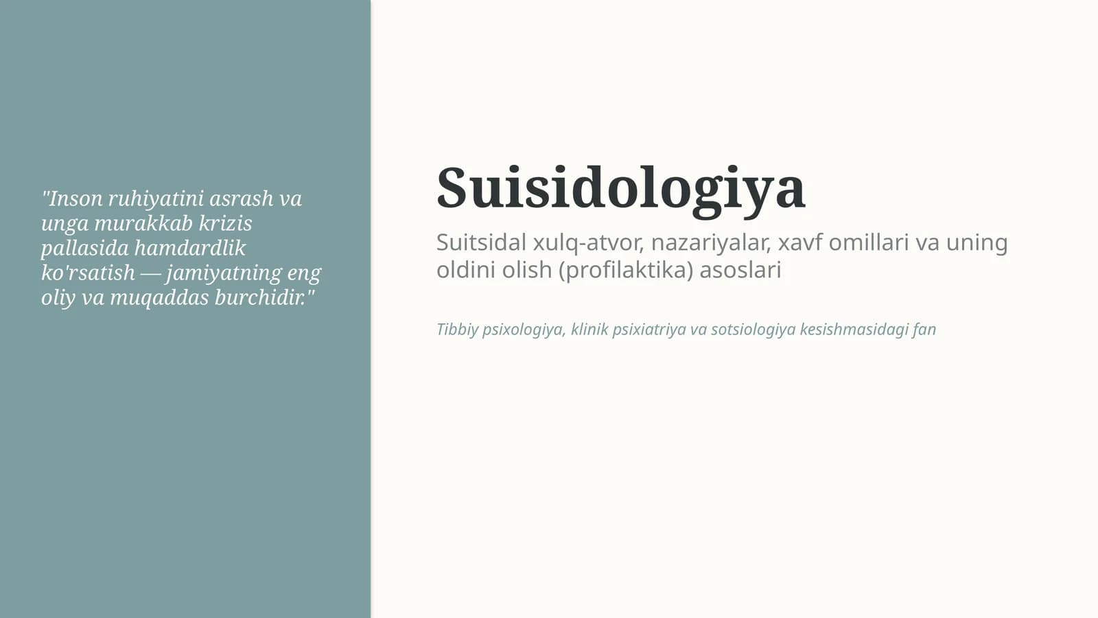 Suisidologiya — suitsidal xulq-atvor va profilaktika asoslari