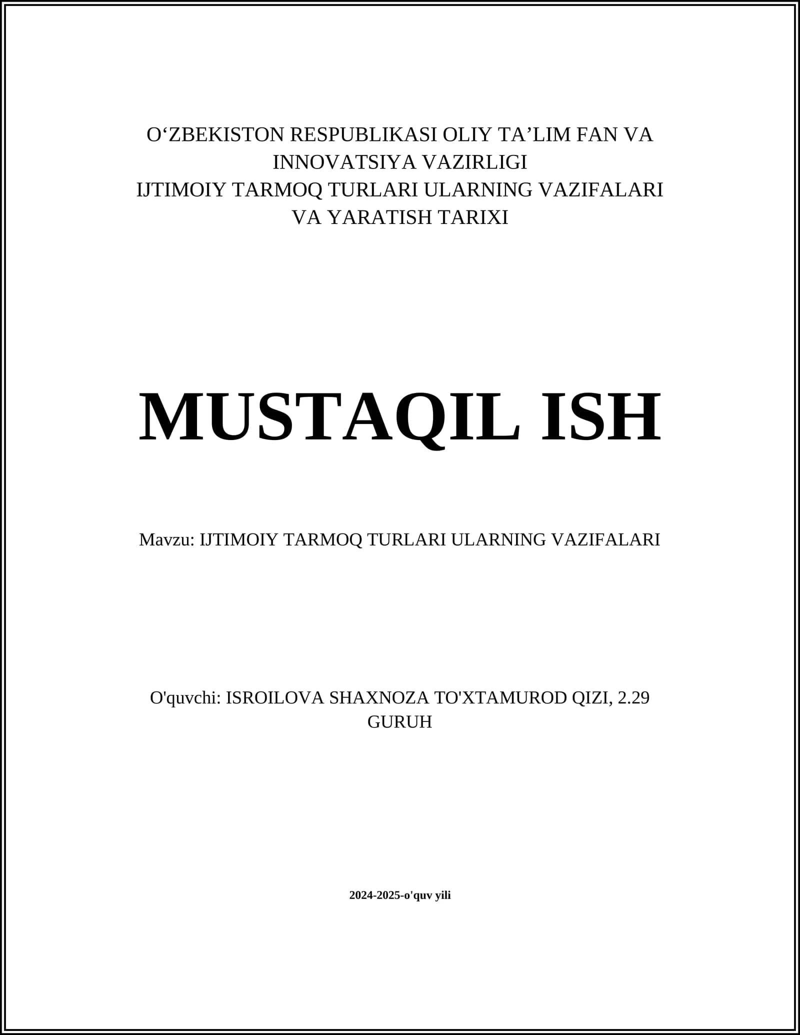IJTIMOIY TARMOQ TURLARI ULARNING VAZIFALARI