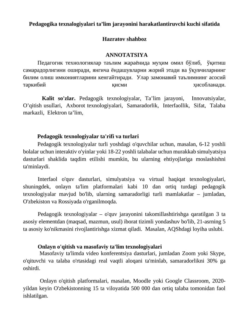 Pedagogik texnologiyalari ta'rifi va turlari