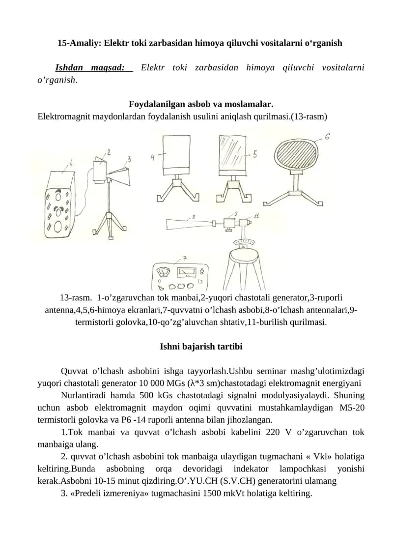 15-Amaliy: Elektr toki zarbasidan himoya qiluvchi vositalarni o‘rganish